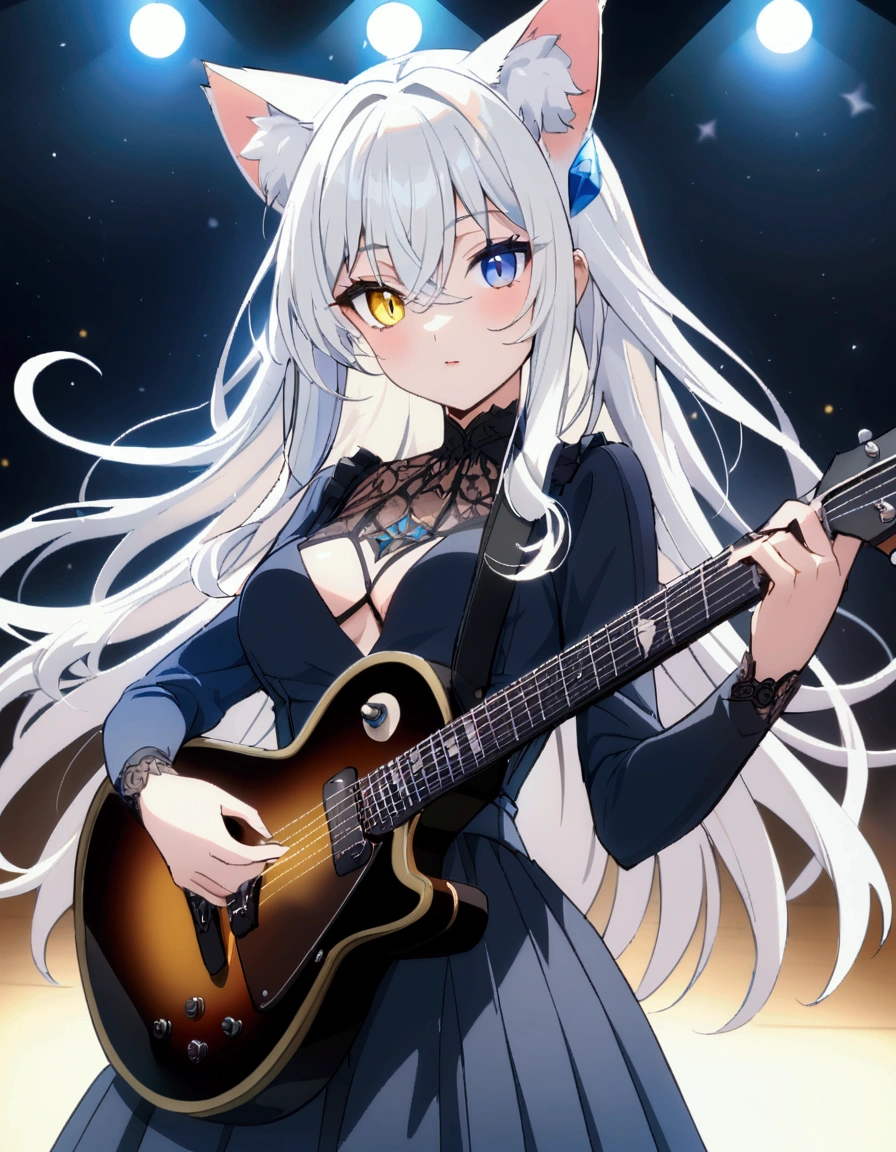 best quality , ultra detailed ,  highres icon ,anime style , from front , look at viewer ,One woman, ((long white hair)), (( Heterochromia,yellow right eye,blue left eye)), cat ears, 1 girl, medium breasts , long hair, concert hall, I play guitar.