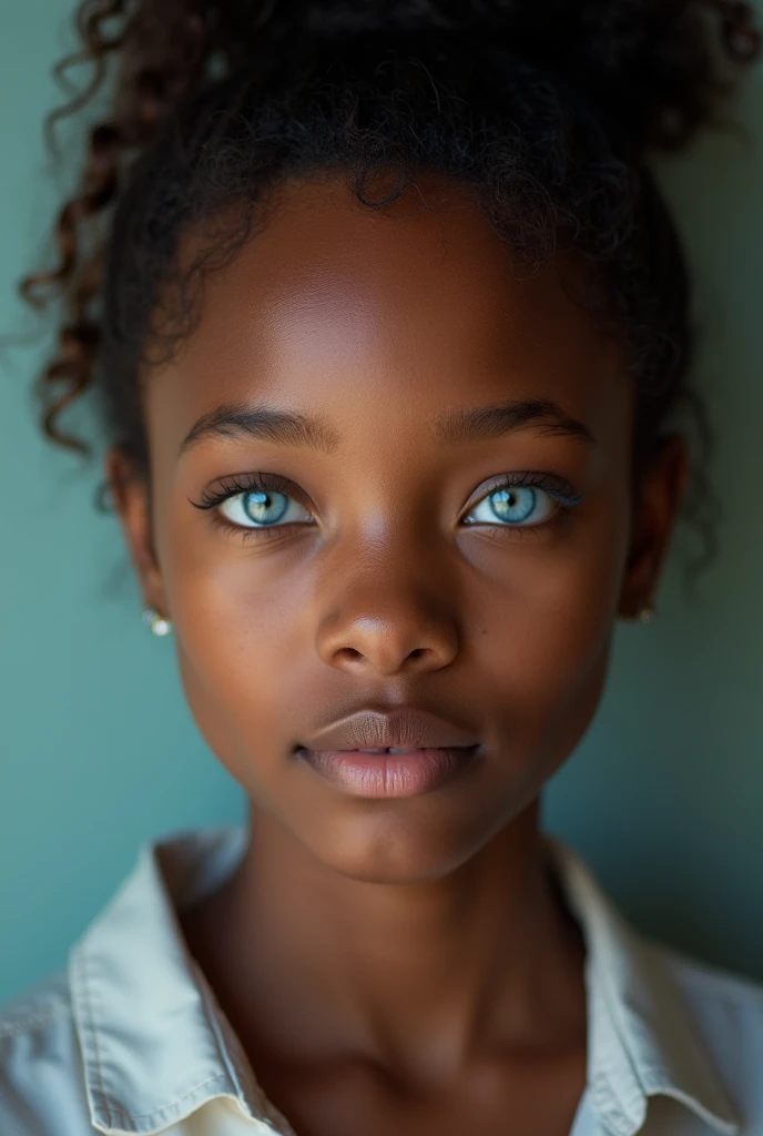 Beach realistic closeup photo of an ablazed black boy with blue eyes with an afro during blue hour