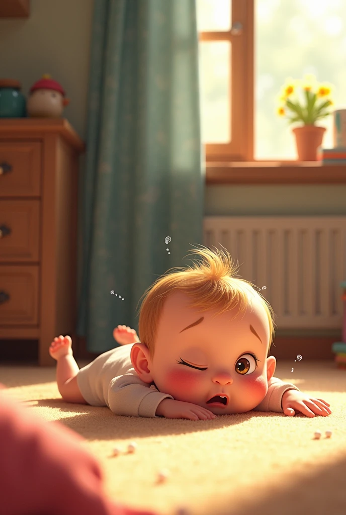 Baby scared crying and a little white rabbit next to him