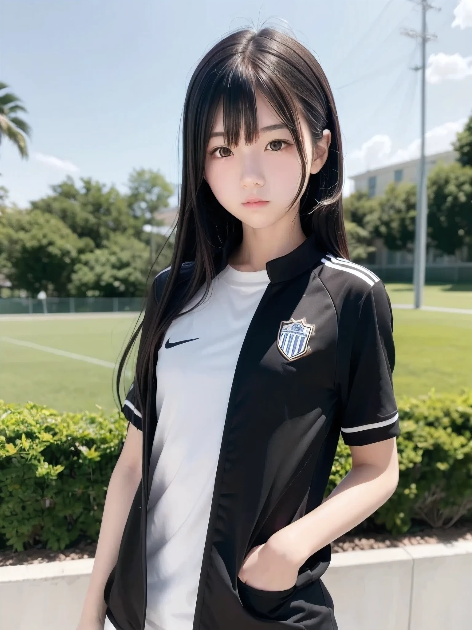 1 girl, Alone, Slender body, flat chest, (Black Hair), perfect face, cool girl , , soccer, soccer uniform