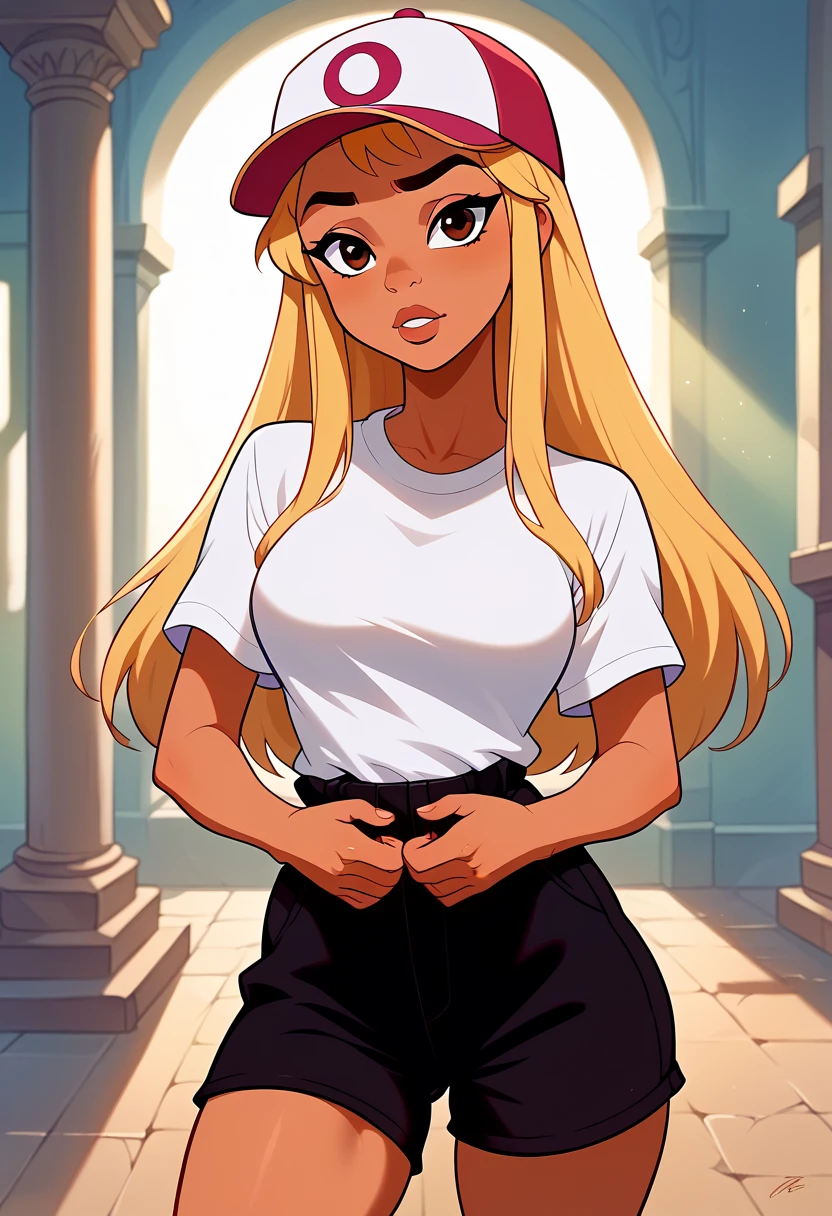 ((realistic))  and an ultra-detailed photograph of a woman, sensual pose, black shorts, pink regatta, red baseball cap , (long blonde hair,  tanned skin ,  big boobs, Thick and apparent thighs , slightly bent knees ),The woman smiles,  hands around waist , sunny, sunlight, Luz do is, is, Woman is illuminated from the front , Rim Lighting,  atmospheric lighting ,  woman is well lit , Sensual,  beautiful woman,  glowing skin,   with cannabis theme  ,