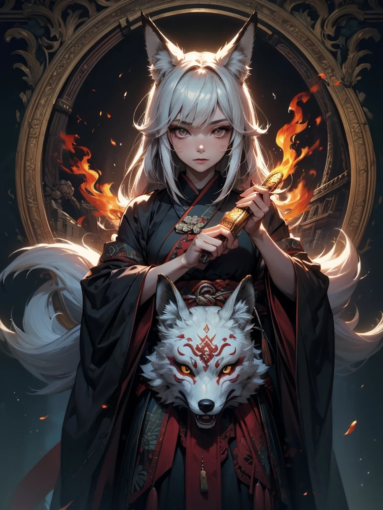  1 girl,Alone,,  OFFICIAL ART,  Unity 8K Wallpaper , Super detailed, beautiful and aesthetic, beautiful, masterpiece, Best Quality,, Fox Witch, Fox Mask Template, Haori,  Foxfire Spell, Fox&#39;s Charm, conversion,