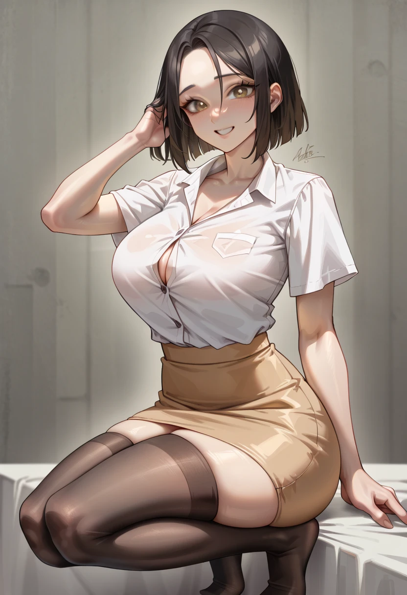  score_9,  score_8_up,  score_7_up, ((Best Quality)) 、(Beautiful face) 、shiny skin　、(Big Breasts)　、Black Hair、Thin Nose　、high nose　 、(Big eyes) 、 Bob Hair 　、Forehead　、one length hair cut ,Light brown eyes　、shiny ,skin , toned body 　、 stockings 　、Squat、Smile　、milf 、 white shirt 　、 tight skirt、(Fatigue) 、Lazy expression