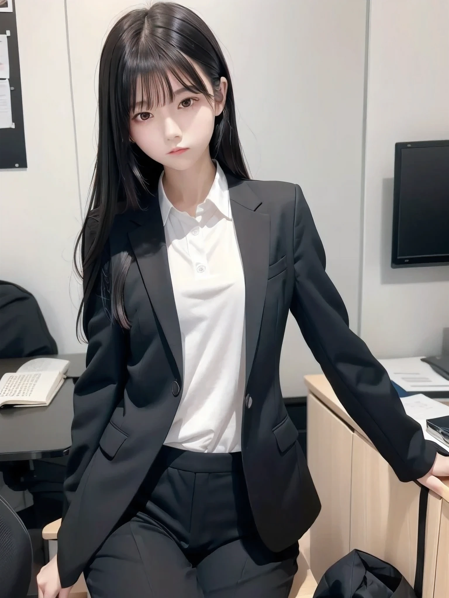 1 girl, Alone, Slender body, flat chest, (Black Hair), perfect face, cool girl , teenager , office, suit