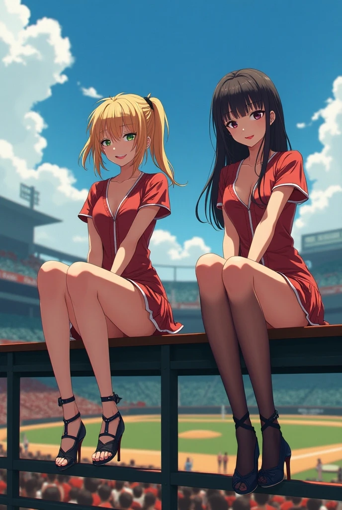 (Hyper-realistic), (a picture), (high resolution), (in 8K), (high detailed), (Best Illustration), (top-quality), (ultra-detailed), (masterpiece:1.2), (best quality:1.2), (extremely detailed:1.2), (photorealistic:1.1), (extremely detailed face), (beautiful detailed face), (beautiful detailed eyes), (ultra detailed), (wall-paper), full of sweat, short-length hair, (4girls), (multiple girls), (group picture), (harem), (lineup:1.2), (skinny thigh), (Sweat), (Shiny skin), Cameltoe, (skinny thigh), (slim waist), (taut clothes), (microskirt:1.2), cheerleader, (pom pom:1.2), (cheerleading), dance, (in baseball stadium:1.2), (beltbra:1.4), (midriff), (navel), (bare shoulders), (smile), (strapless:1.2), (ass), (from behind)
