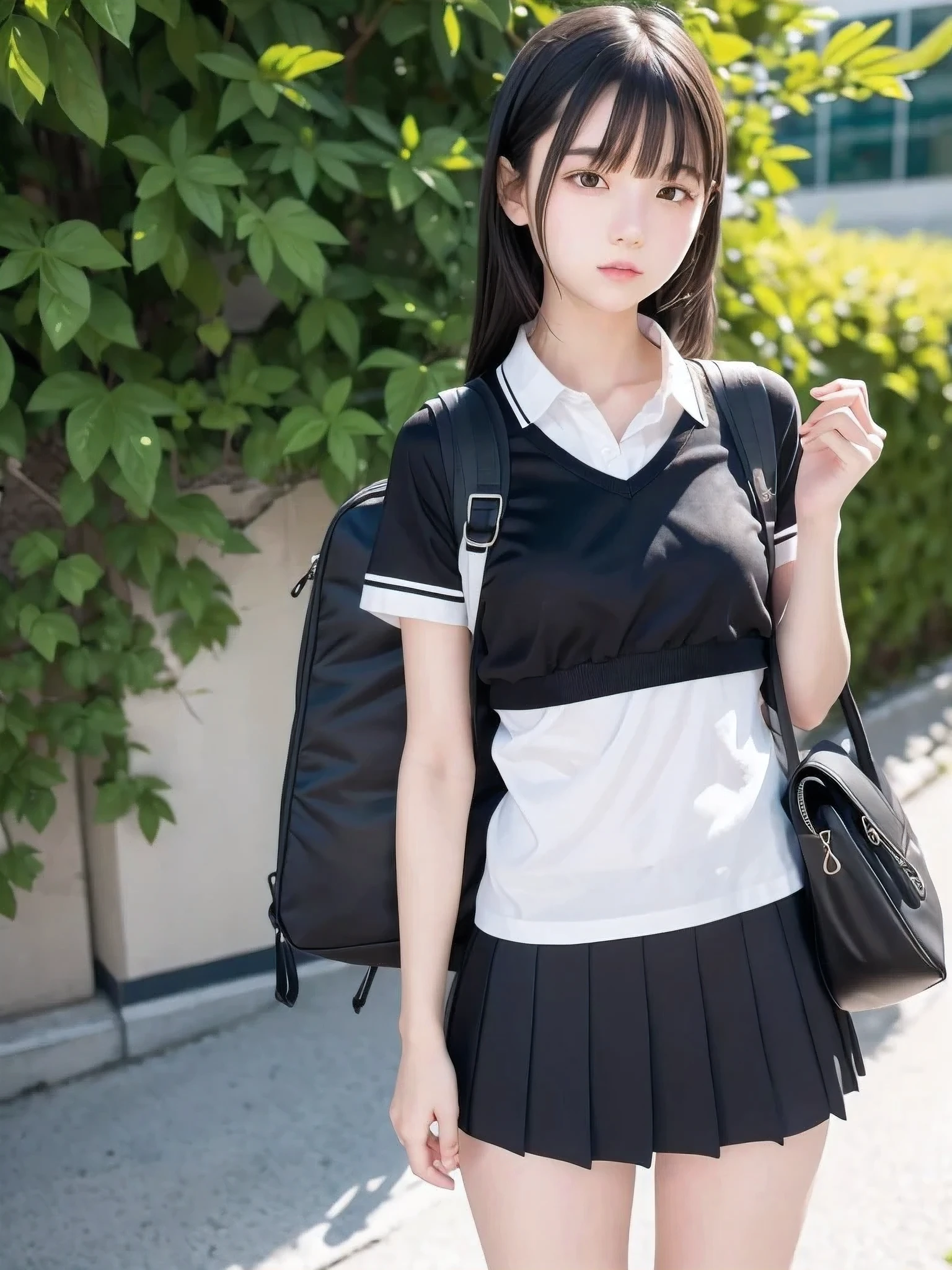 1 girl, Alone, Slender body, flat chest, (Black Hair), perfect face, cool girl , ager , school uniform, Straddling