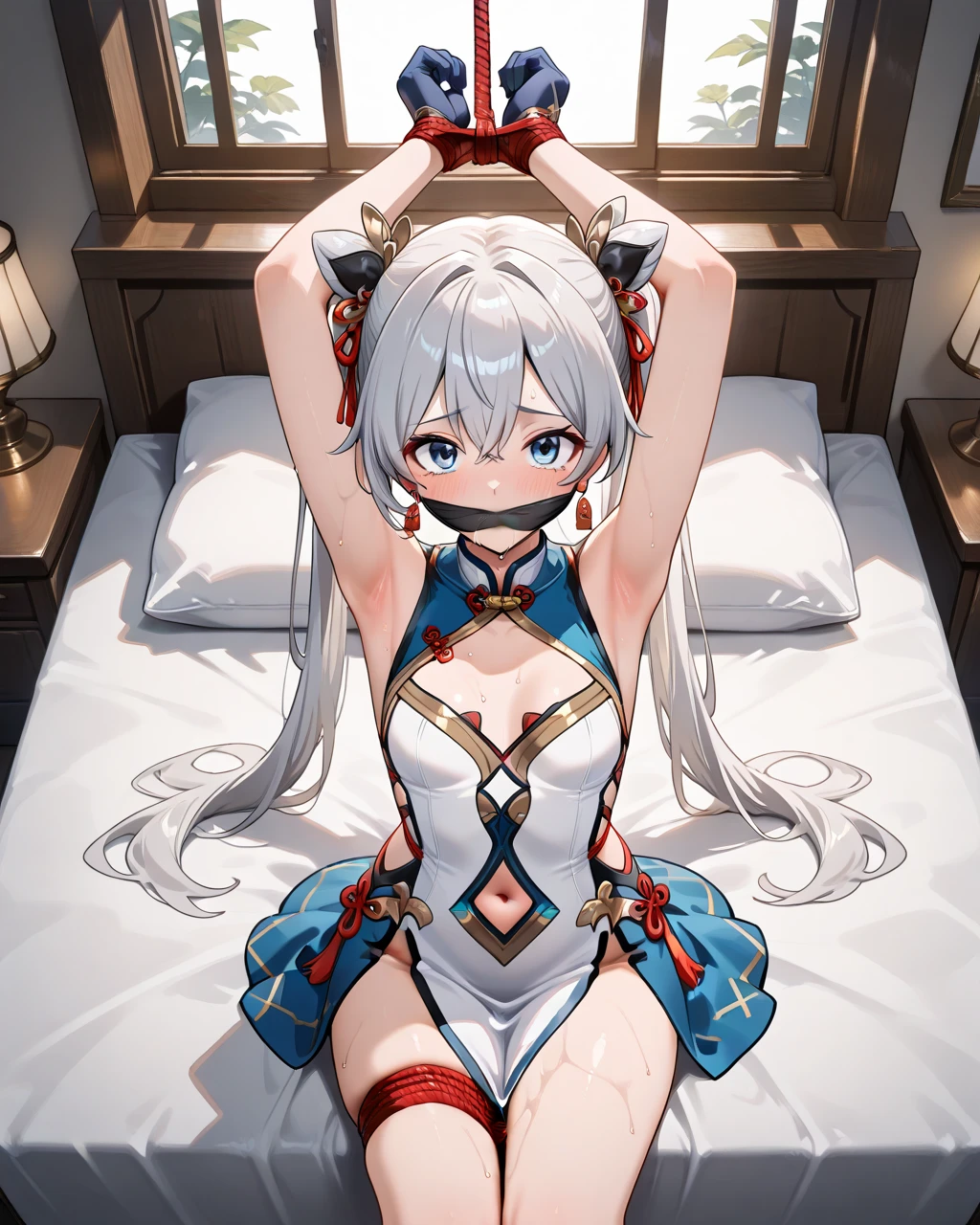 masterpiece,best quality,anotherstyle, chun, 1girl, solo, earrings, blue eyes, jewelry, grey hair, navel, dress, twintails, small breasts, gloves, multicolored hair, hair ornament, bondage, leg rope bondage, thigh rope bondage, bust rope bondage, feet rope bondage, ((arms up)), ((Wrists tied above head)), gag, otm gag, gagged, lie down on the bed, indoor, window, scared, wet, sweat, look at viewer, upper body,