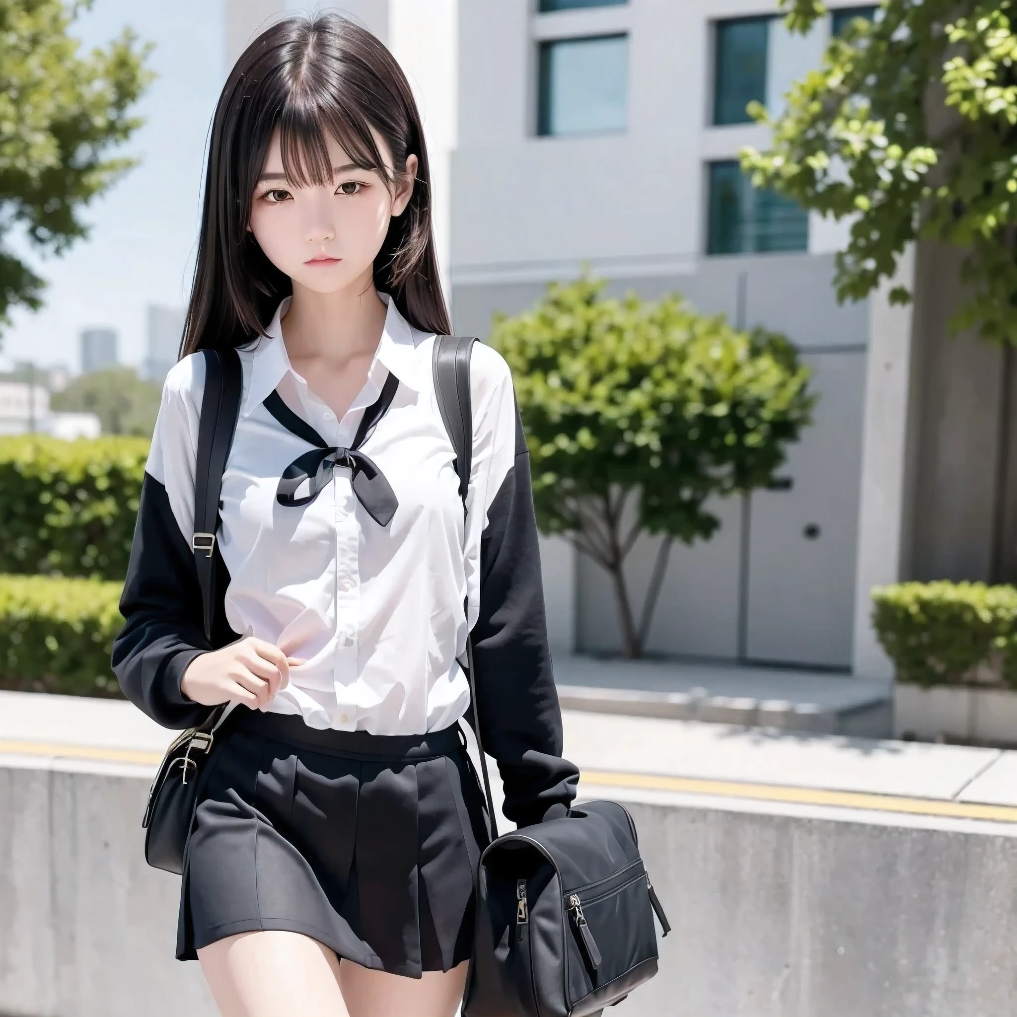 1 girl, Alone, Slender body, flat chest, (Black Hair), perfect face, cool girl , ager , school uniform, Straddling