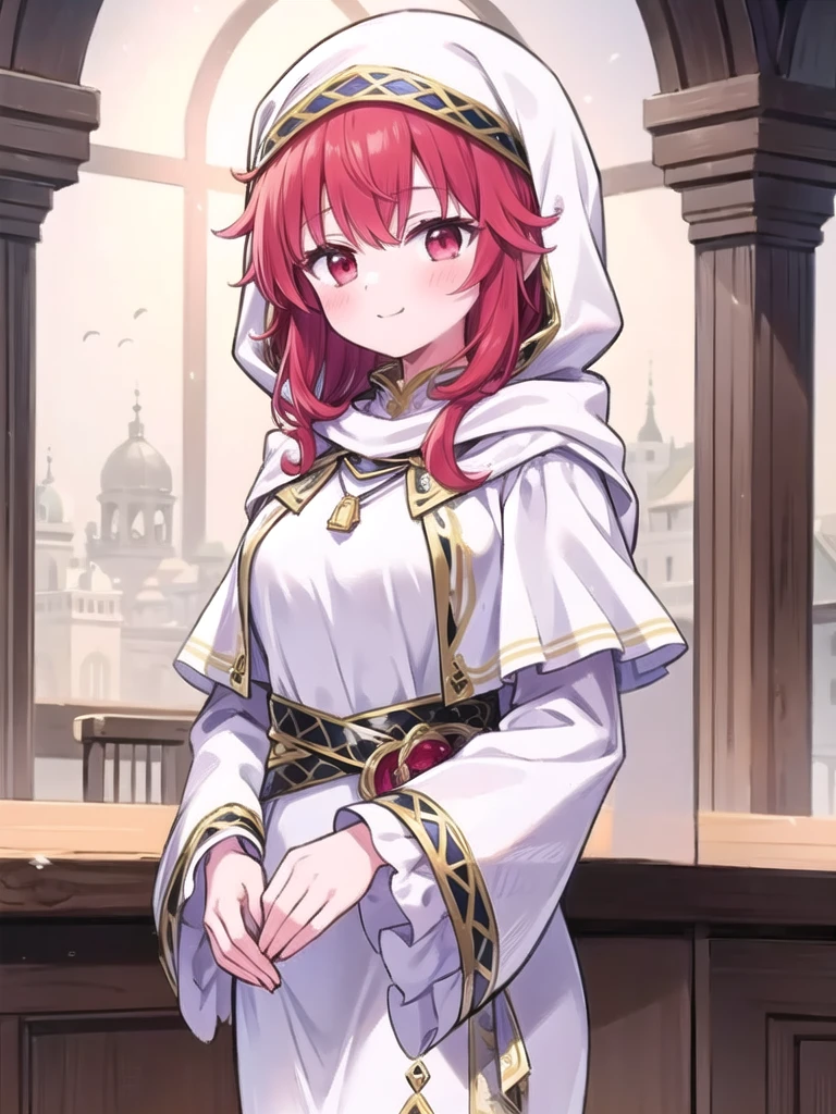 1girl, solo, masterpiece, best quality, perfect hands, smile, blush, closed mouth, lena, white robe, wide sleeves, jewelry, long sleeves, red hair, long hair, red eyes, short hair, curly hair, cowboy shot, hood, hood up, white robes, white capelet, pendant, long dress