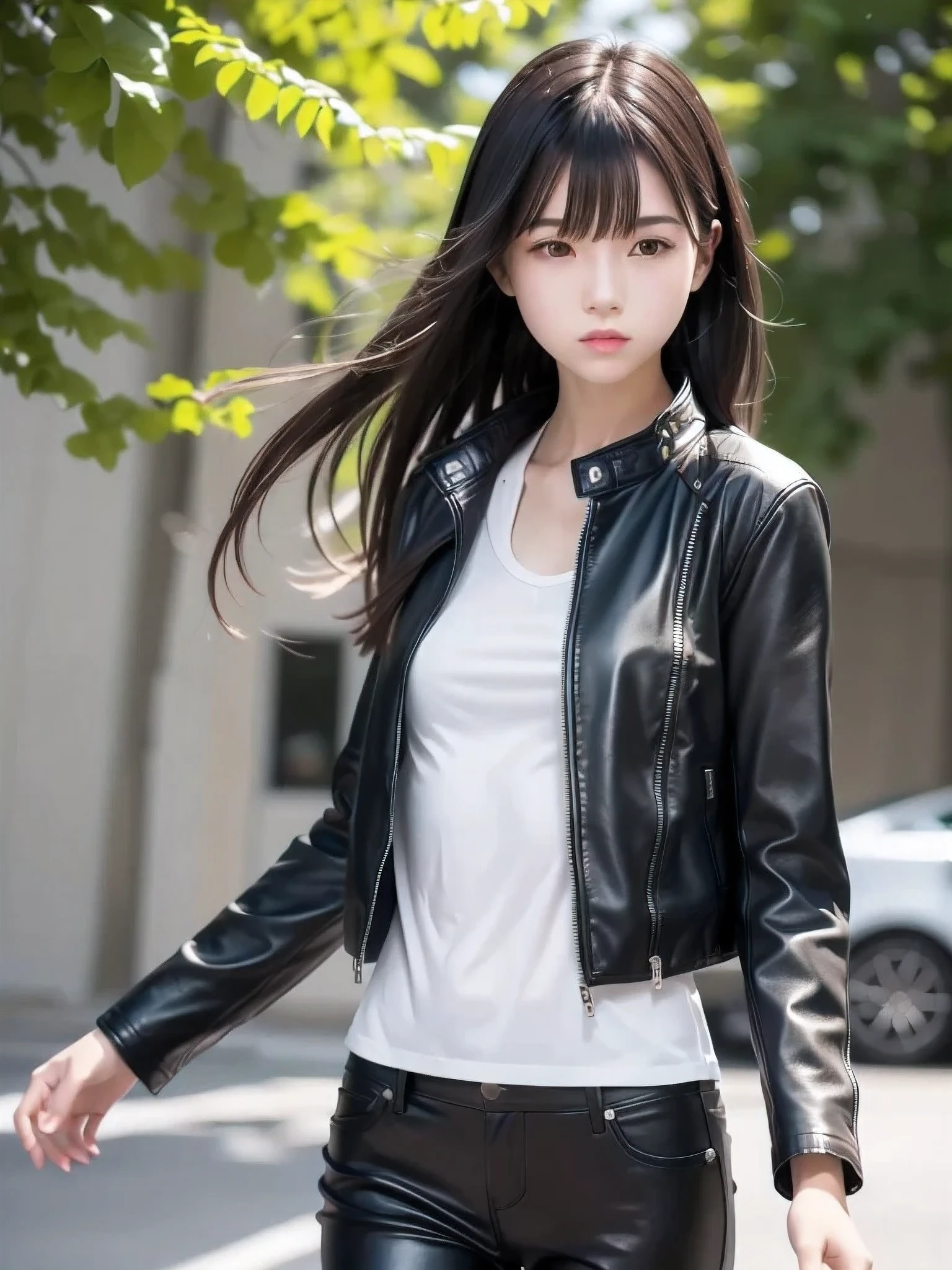 1 girl, ((Alone)), Slender body, flat chest, (Black Hair), perfect face, cool girl , teenager , Black leather jacket, wind, Floating Hair, white shirt