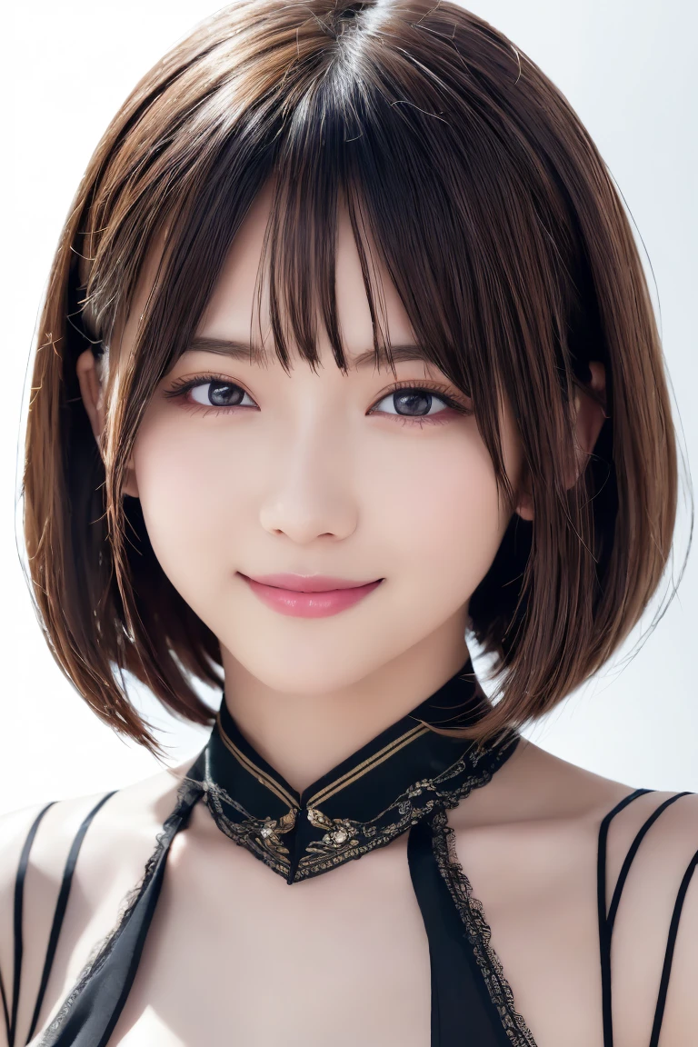  1 girl, (Wearing colorful stage costumes:1.2),   portrait of a very beautiful Japanese idol ,  Face Closeup , ( RAW photos from the last century, Best Quality), (Realistic, Realistic:1.4), (masterpiece),  very delicate and beautiful ,  very detailed, 2k wallpaper,  amazing, finely,  very detailed CG Unity 8K wallpaper,  very detailed,  Hi-Res, Soft light,  A girl with beautiful details ,  very detailed目と顔, Beautiful and sophisticated nose, delicate beautiful eyes,  Movie Lighting, (  simple bright color background :1.3), ( short hair), (Bob),  COMPLETE ANATOMY , Slender body,  small breasts, smile