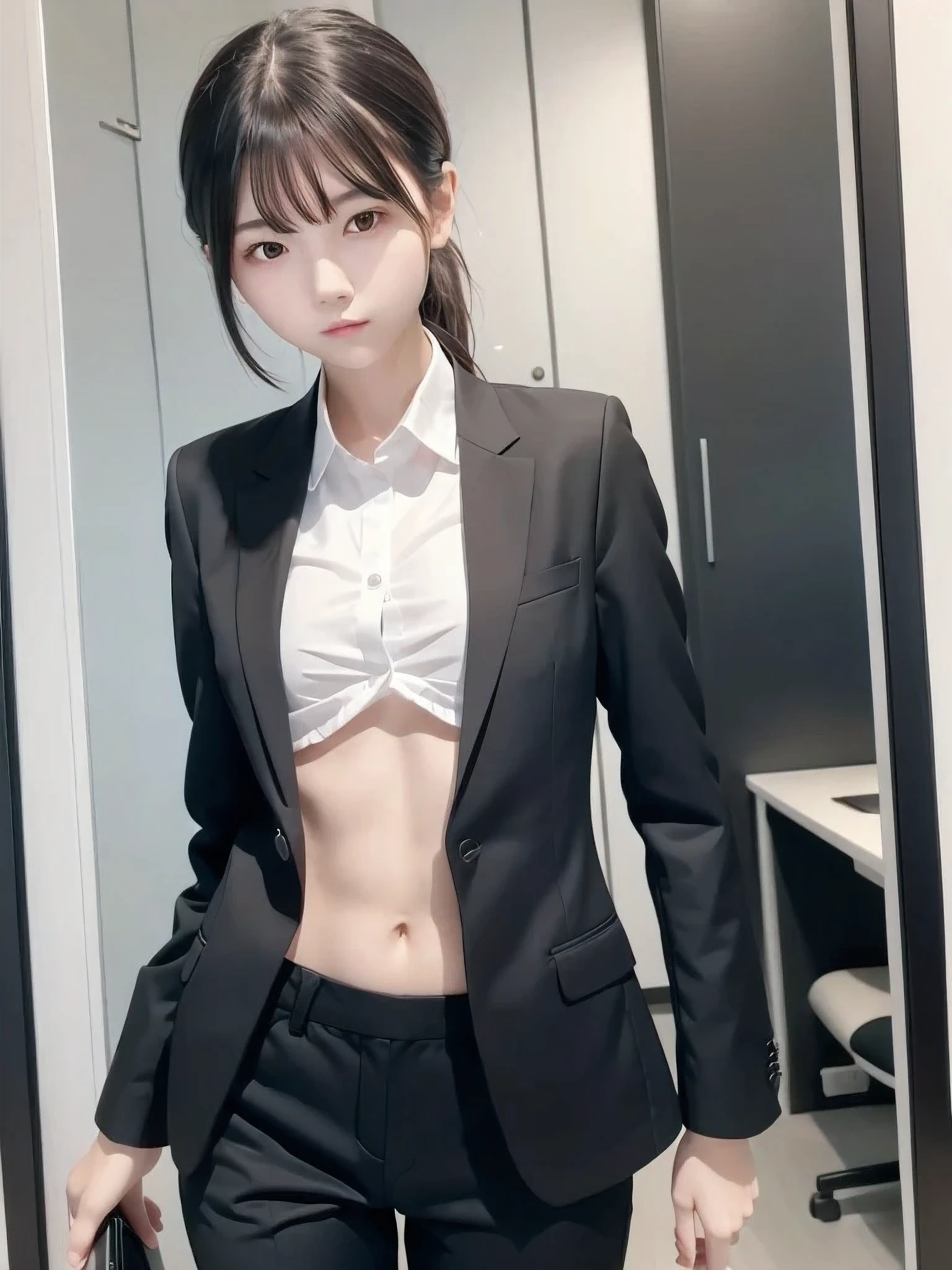 1 girl, ((Alone)), Slender body, flat chest, (Black Hair), perfect face, cool girl , ager , office,, was wearing a black business suit,