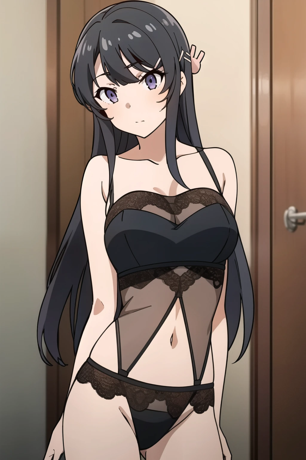 mother and son, sakurajima mai, 1 , Alone, long hair, looking at the viewer , fringe, purple eyes , black hair , hair ornament , wearing sexy body lingerie.