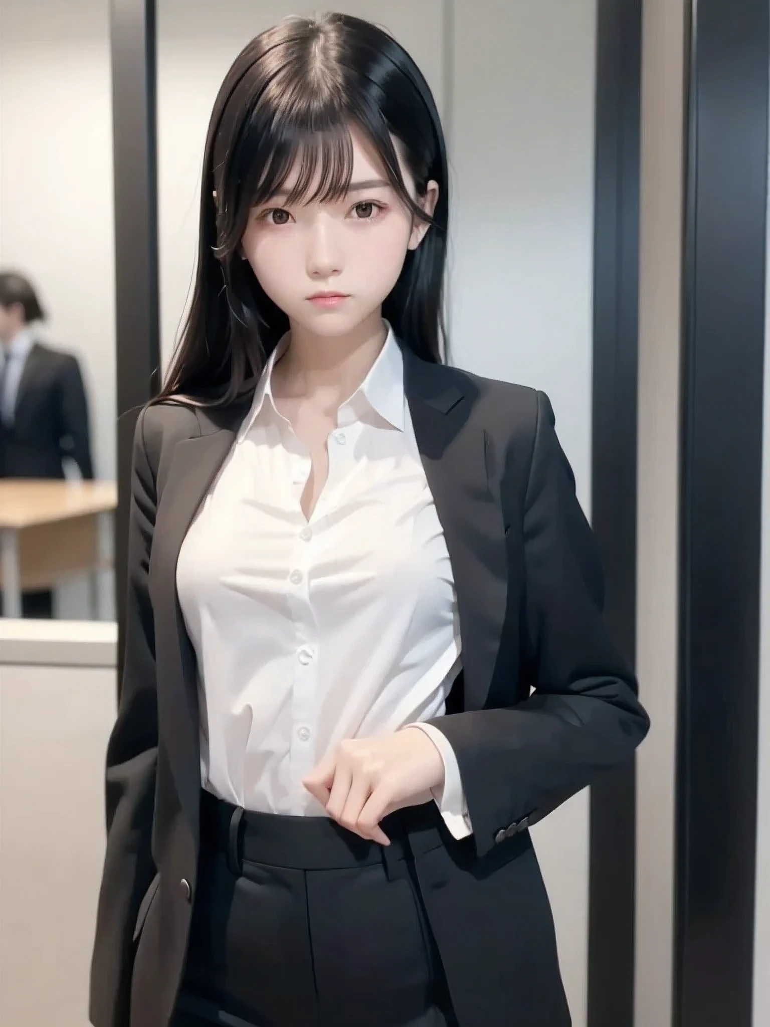 1 girl, ((Alone)), Slender body, flat chest, (Black Hair), perfect face, cool girl , ager , office,, was wearing a black business suit,