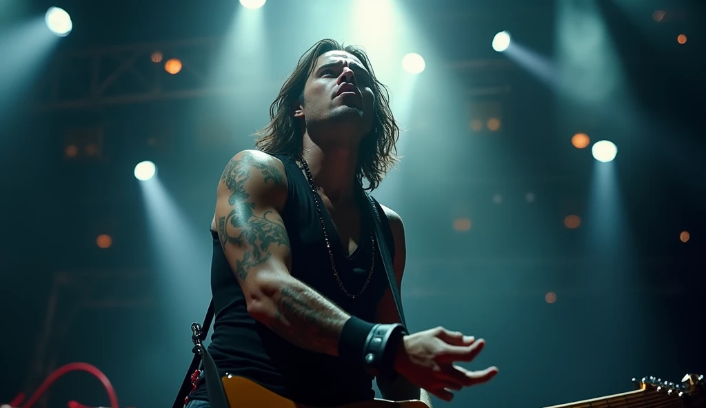 Cold and dangerous man, with Rockstar and punk airs, shirtless with zero definition abs, very similar to sid vicious.playing an electric guitar.