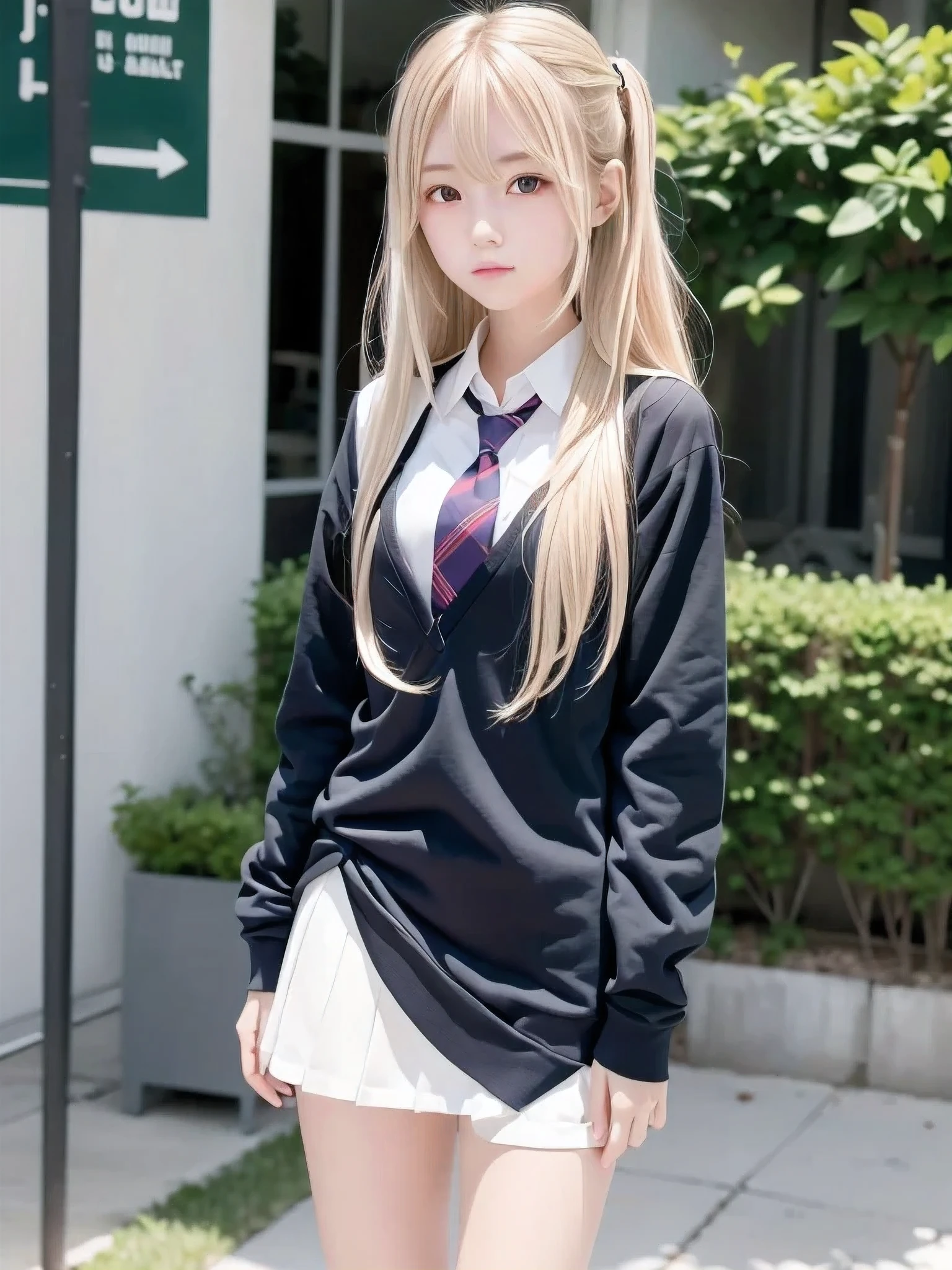 1 girl, Alone, Slender body, flat chest, Long Hair, ( blonde hair), perfect face, cool girl , ager , school uniform, Ahoge
