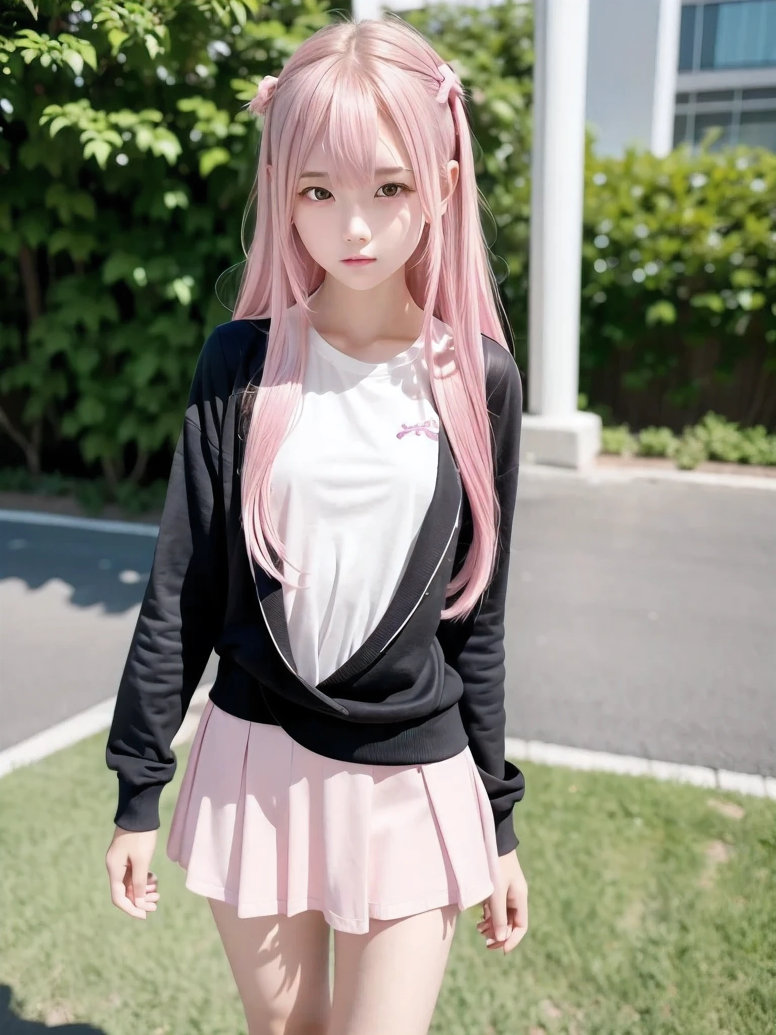1 girl, Alone, Slender body, flat chest, Long Hair, ( Pink Hair), perfect face, cool girl , teenager , school uniform, Ahoge