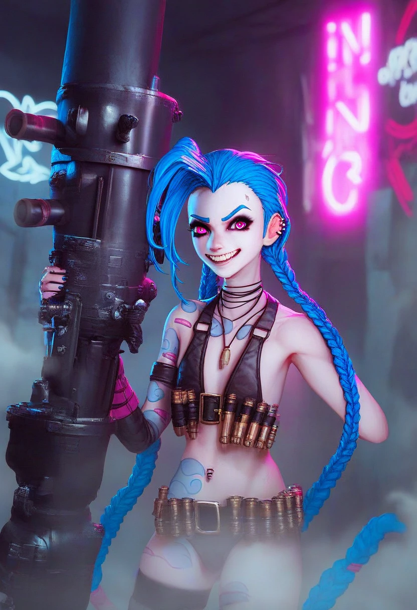 (score_9, score_8_up, score_7_up), solo focus, (female focus:1.2), (Jinx | Powder:1.5) from League of Legends, twin blue braids, pale skin, manic expression, standing in a dark alley, (neon lights:1.3), wielding signature weapons, Fishbones (shark-themed rocket launcher), Pow-Pow (large minigun), aura of reckless excitement, grungy environment, industrial underworld, fog, smoke from nearby factories, scattered machinery, graffiti-covered walls, (punk-industrial design:1.3), inspired by Joker and Gollum, emphasizing dangerous and unhinged personality, dark lighting with neon highlights, crazed smile, wide, piercing blue eyes, barrels leaking chemicals, neon signage, capturing chaotic energy of Zaun, (high detail, 8k resolution, cinematic realism, gritty texture), intense atmosphere, moody shadows