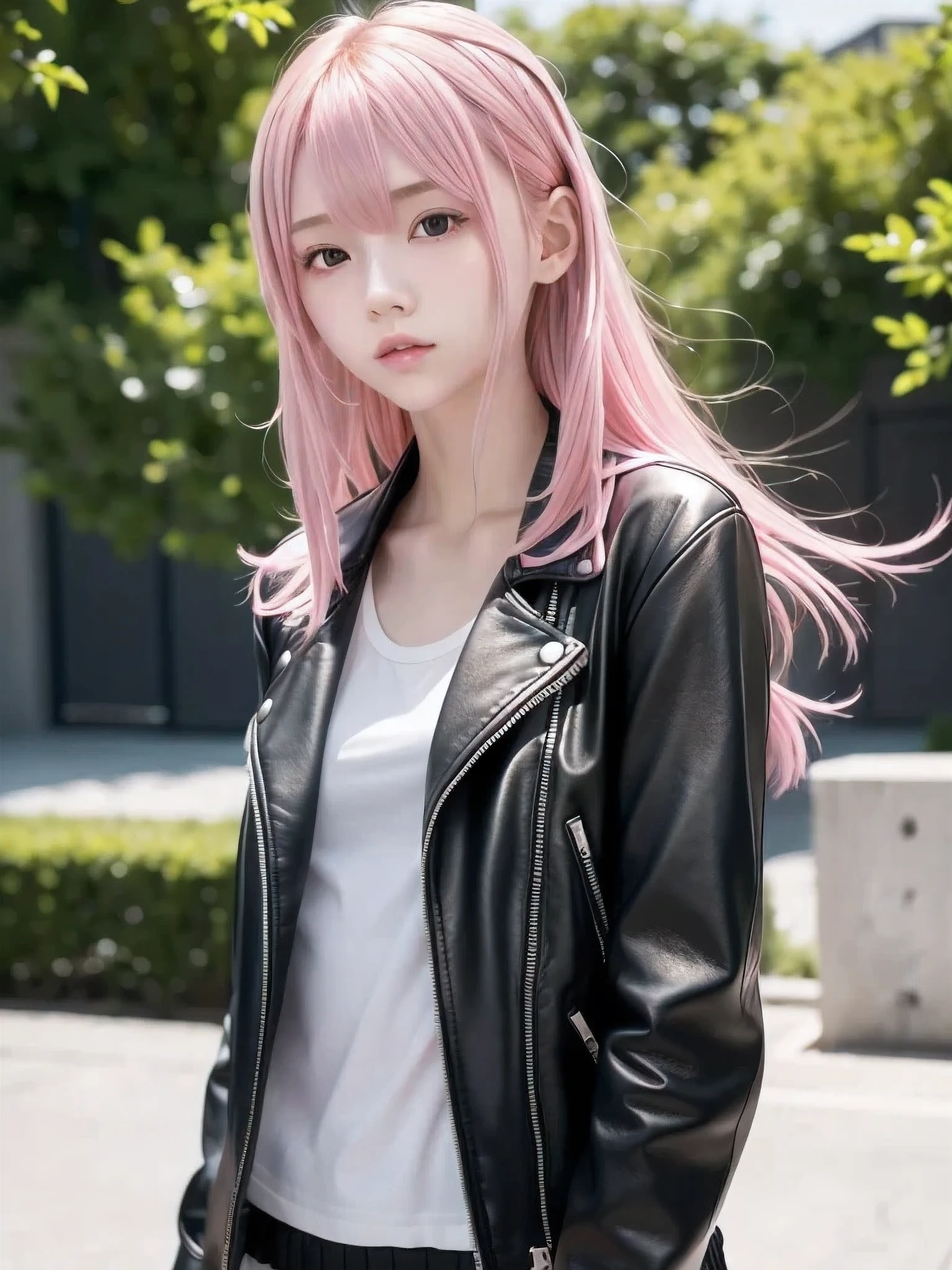 1 girl, ((Alone)), Slender body, flat chest, ( Pink Hair), perfect face, cool girl , ager , Black leather jacket, wind, Floating Hair, white shirt