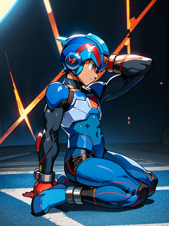 Mega Man X　Mega Man XDive　Boy in Tights 　 helmet 　Kneeling　 realistic skin　 Side View 　全身Boy in Tights 　 raises arms　Boy in spats 　 is chained