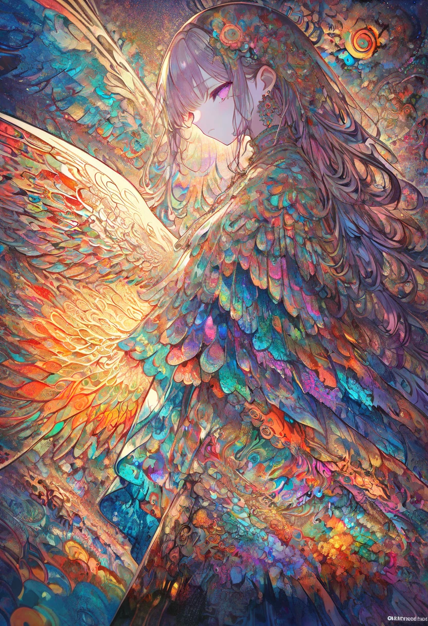 (masterpiece, top quality, best quality, official art, beautiful and aesthetic)(1girl)fractal art, colorful, flowers, zentangle, full body, abstract background, shiny skin, many colors, earrings, feathers,