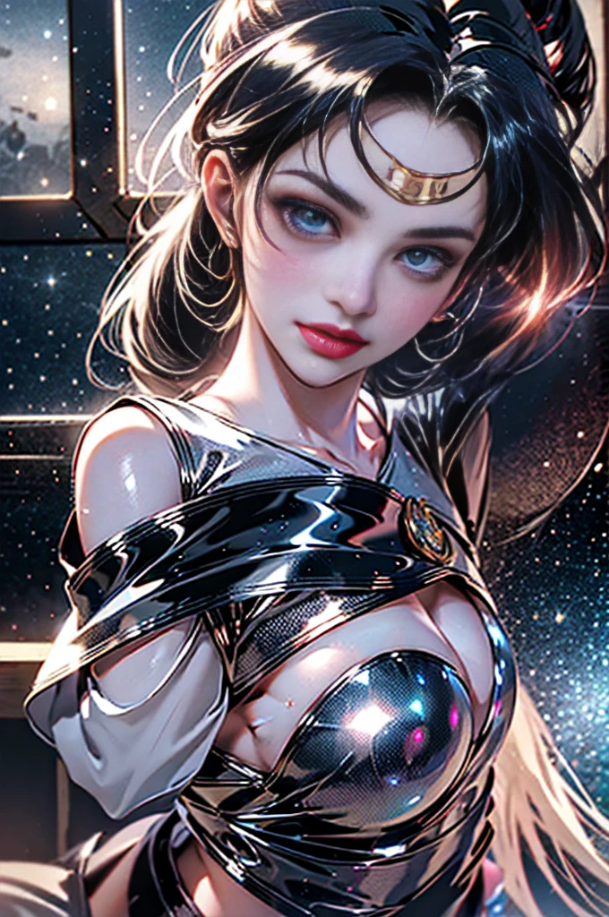 ((Best Quality)), ((Masterpiece)), ((Realistic)) and ultra-detailed photography of a girl with goth colors. She has ((shadow abyss hair)), (pale skin tone) wears a (small black micro-thong, black micro-bikini:star motif ) , ((beautiful and aesthetic)), muscular fit body abs, sexy, under-boobs, hot, (clear star filled sky background)
(clear background:1.35), (particles ,firefly, blue glowing):1.3,
