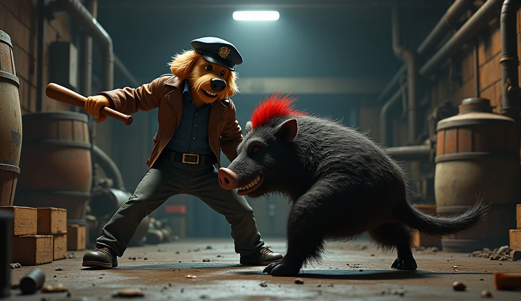 Style: Realistic, cinematic, action, sharp, concept art. Details: The dog police smash the male boar to the floor, inside of old factory, at night, BREAK, the male boar lie down on the floor. Characters: The dog police, kind labradoodle, athletic body, alert face, alert eyes, (humanoid), stand on two legs, outfit: police cap, police shirt, police pants, police ((uniform)), BREAK, the male boar, 3D cartoon character, well-knit body, black matted fur, ((((red))) tuft of hair, fierce smile face, humanoid, stand on two legs, outfit: one baseball bat in hand, Brown Leather Jacket, fraying gray jean pants. Outdoors: old barrel, old steel pipe, old wall, old machine, wooden crate.