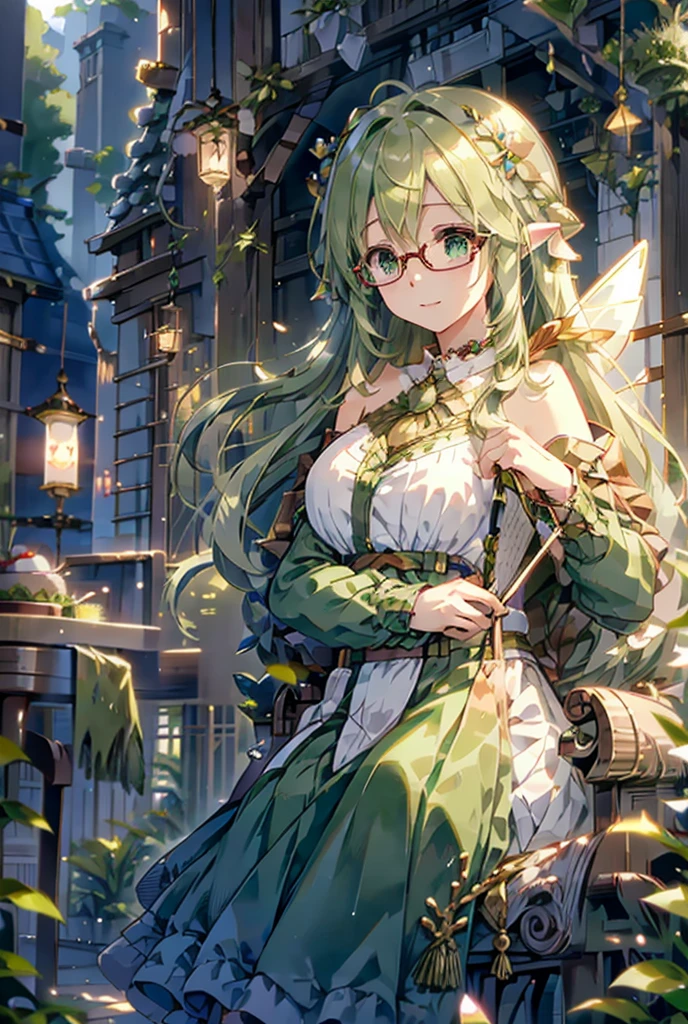 knittingの妖精、Glasses、knitting、Yarn、Fairy Wings 、Green hair color、 Wavy Hair、Cute Fairy Costumes、 Beautiful Buildings in the Forest 、Fairy Wings、Crochet