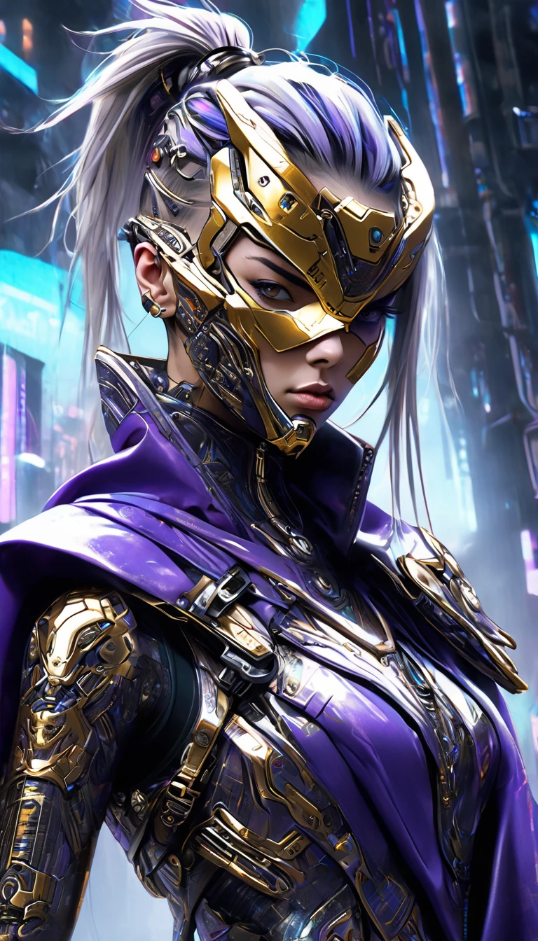 Hyper-realistic digital illustration, eye-level angle depicts a cyberpunk-inspired character with a fierce expression and a heavily augmented face, showcasing complex cybernetic components. She wears a metallic mask with sharp, skeletal details with  gold and silver-colored elements,covering the lower half of her face. Her hair is styled in a partially shaved pattern on one side, with the rest tied back in a high ponytail, adding to the edgy, futuristic vibe. Her outfit includes a purple cloak or draped garment over one shoulder, contrasting with the dark, armored clothing underneath. Her right hand is heavily modified, with visible circuitry, metallic fingers, and mechanical parts. The scene has a cold, muted color mood with a harsh, snowy atmosphere and high-contrast lighting, highlighting the metallic textures and details of her cybernetic enhancements