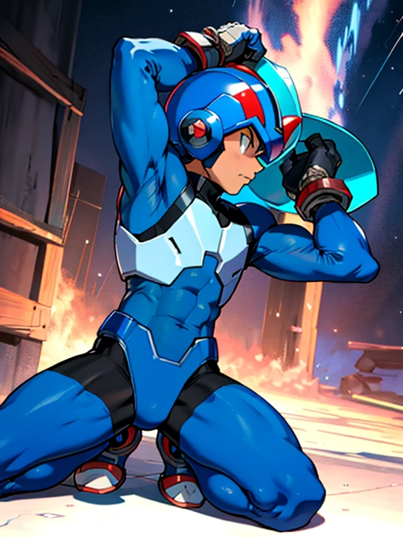 Mega Man X　Mega Man XDive　Boy in Tights 　I'm wearing a blue helmet　Kneeling　 realistic skin　 Side View 　全身Boy in Tights 　 raises arms　Boy in spats 　 is chained