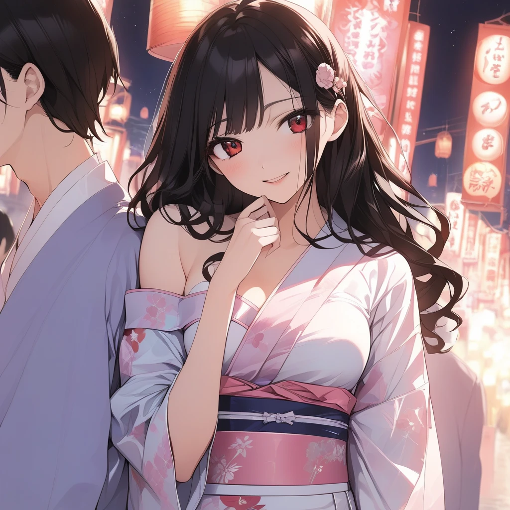 masterpiece,   Details, 8k, Best Quality, Novel illustrations, Young２ girls, Junior high school students、 Exposure Dating 、yukata, 荘厳なyukata , slender, Black Hair, Long Hair,Hair long enough to reach your feet、  Short Bang ,   Details face,  Red eyes , Small breasts、 They Stare At Each Other 、I look up shyly 、Kiss、 A lovely blushing smile , Sweetheart Grab , 乱れたyukata、 sleeveless, off shoulder、 We look at each other's visible chest 、 Quiet Precinct Away From Town, Light in the distance 、The surroundings are dark、Dazzling fireworks 、Accurate hands、the girlfriend 、profile、 beside you、Next to me、belly button、Thighs、knees、No footwear 、