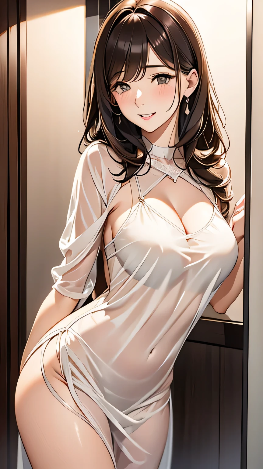  adult woman laughing、 tall、Adult face、Shy expression、blush、White nightgown、Half-open eyes、Dark brown hair、 Ultra High Definition、anime