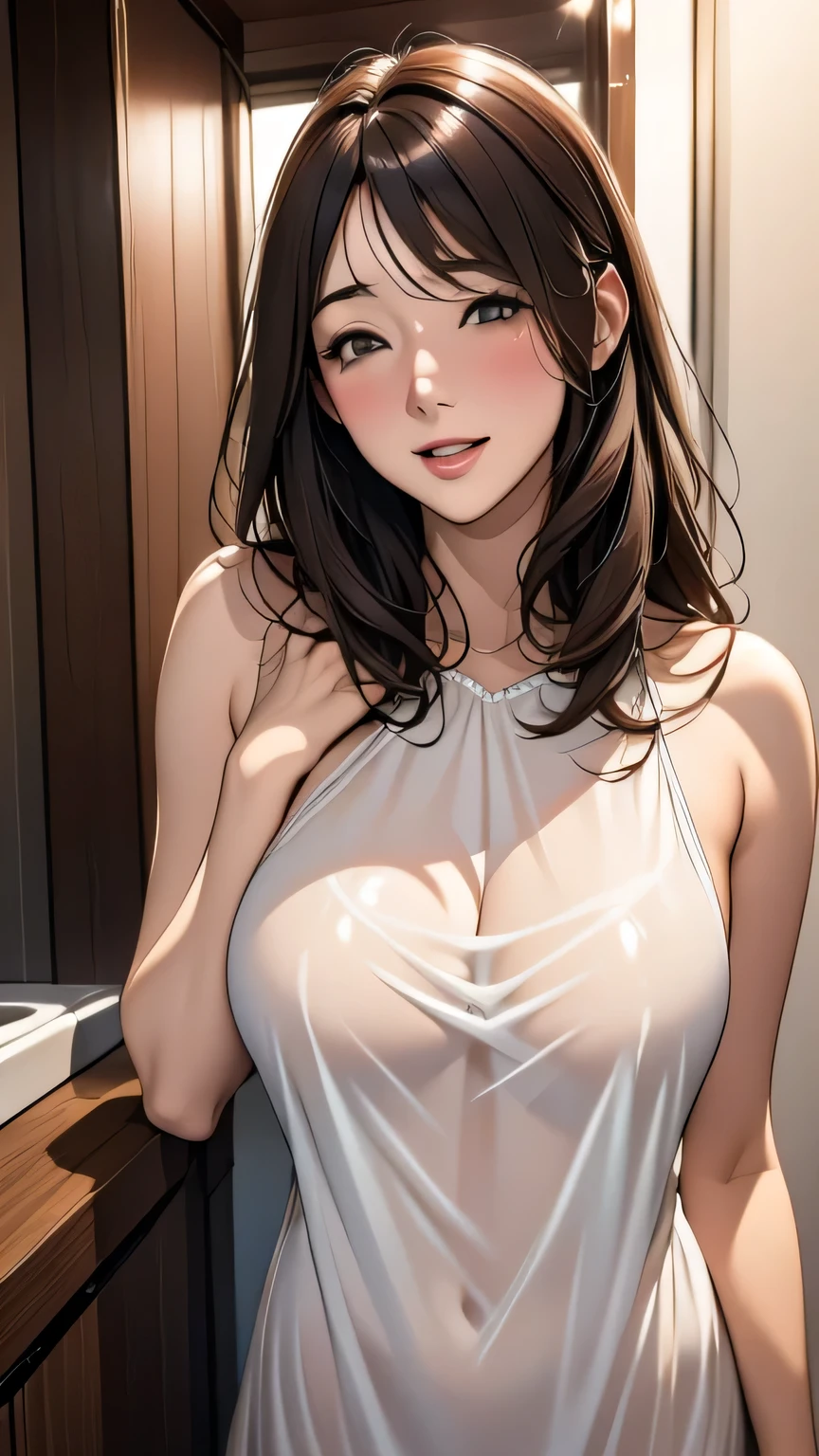  adult woman laughing、 tall、Adult face、Shy expression、blush、White nightgown、Half-open eyes、Dark brown hair、 Ultra High Definition、anime