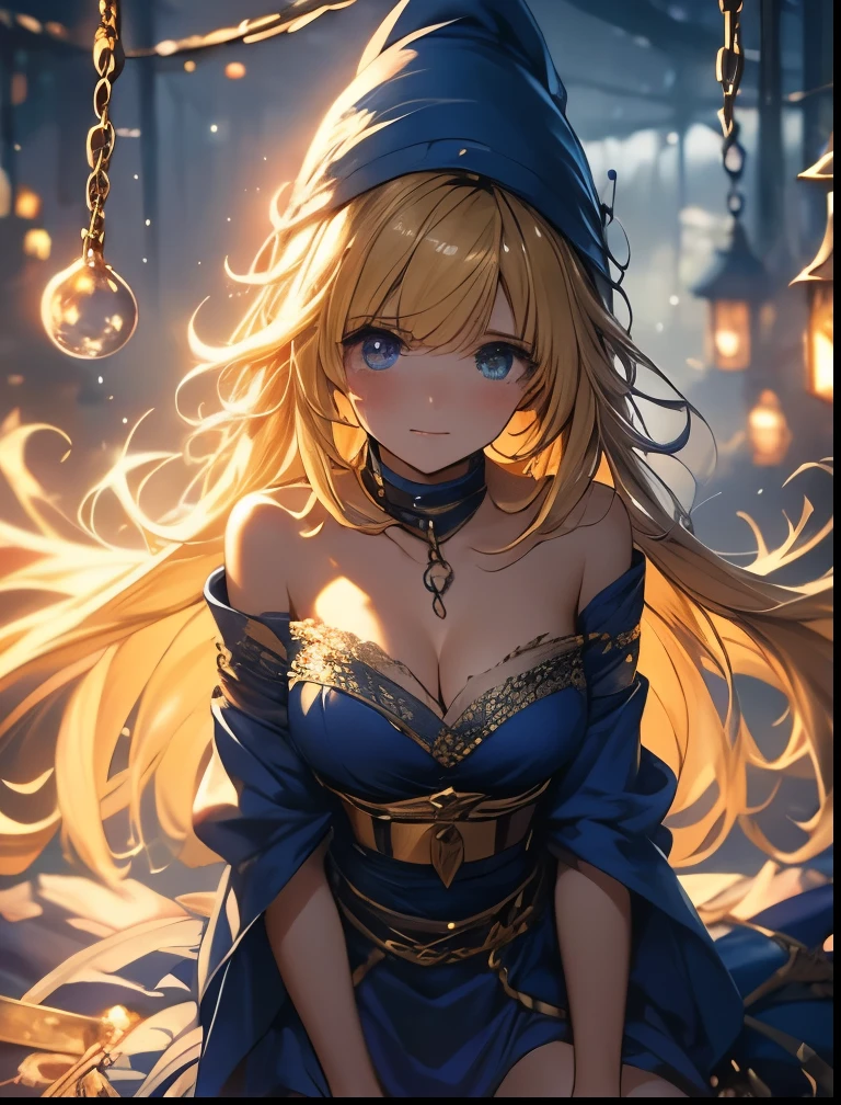 （（（ＳＦＷ、Precision、Highest quality、A first-class masterpiece、Normal body、8k、  Detailed Face 、Ultra-precision、 Normal hand、５refer to、Highest）））、Witch、Witch（Puyo Puyo）、adult、 Blonde Long Hair 、 Beautiful Girl、 Tattered Blue Robe、mage hat with a hole、Half naked、Nearly naked、 pure white bras exposed、Pure white panties exposed 、Pure white underwear、Navel exposed、Shoulder exposed、Cleavage exposure、regrettable、 is embarrassing、scared、blush、tears、 raise both hands、Bound with hands up、両手Chain Bondage、Constraints、Chain Bondage、Collar、CollarRead、A lot of chains、prison、Iron bars