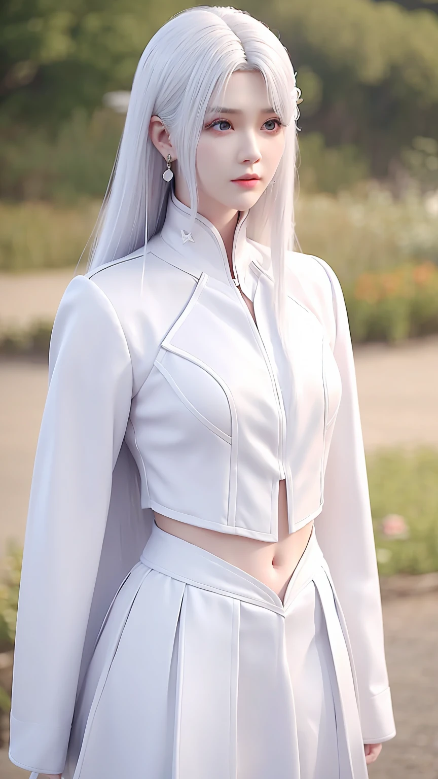 1girl, solo, white hair, wearing white jacket and white skirt clothes, blake eyes, looking at the viewer, lips, upper body, closed mouth, earrings,