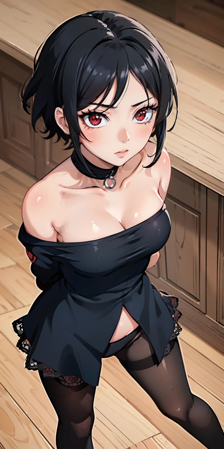 masterpiece, best quality, ultra-detailed, illustration,(1girl),beautiful detailed eyes, Sarada Uchiha, looking at viewer, close up, (breast focus), (arms behind back:1.2), (from above:1.1), black hair, Medium breasts, (breasts out:1.3), (off shoulder:1.1), lace underwear, random pantyhose, long black hair, red eyes, Sharringan eyes,