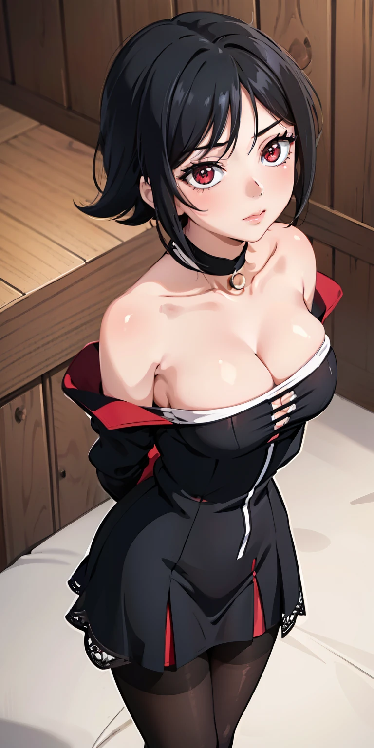 masterpiece, best quality, ultra-detailed, illustration,(1girl),beautiful detailed eyes, Sarada Uchiha, looking at viewer, close up, (breast focus), (arms behind back:1.2), (from above:1.1), black hair, Medium breasts, (breasts out:1.3), (off shoulder:1.1), lace underwear, random pantyhose, long black hair, red eyes, Sharringan eyes,