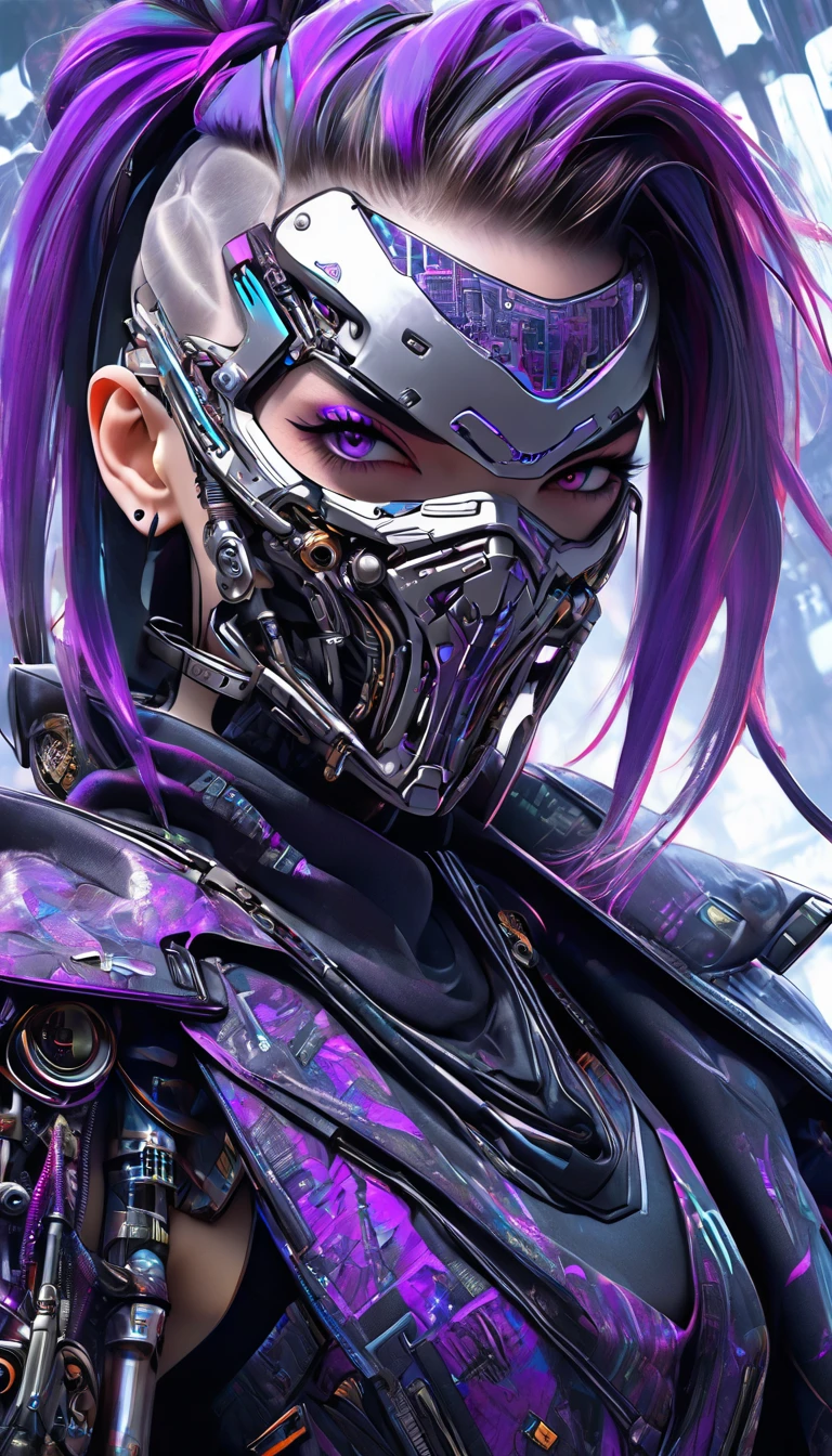 Hyper-realistic digital illustration, eye-level angle depicts a cyberpunk-inspired character with a fierce expression and a heavily augmented face, showcasing complex cybernetic components. She wears a metal skeletal jaw mask covering the lower half of her face. Her hair is styled in a partially shaved pattern on one side, with the rest tied back in a high ponytail, adding to the edgy, futuristic vibe. Her outfit includes a purple cloak or draped garment over one shoulder, contrasting with the dark, armored clothing underneath. Her right hand is heavily modified, with visible circuitry, metallic fingers, and mechanical parts. The scene has a cold, muted color mood with a harsh, snowy atmosphere and high-contrast lighting, highlighting the metallic textures and details of her cybernetic enhancements