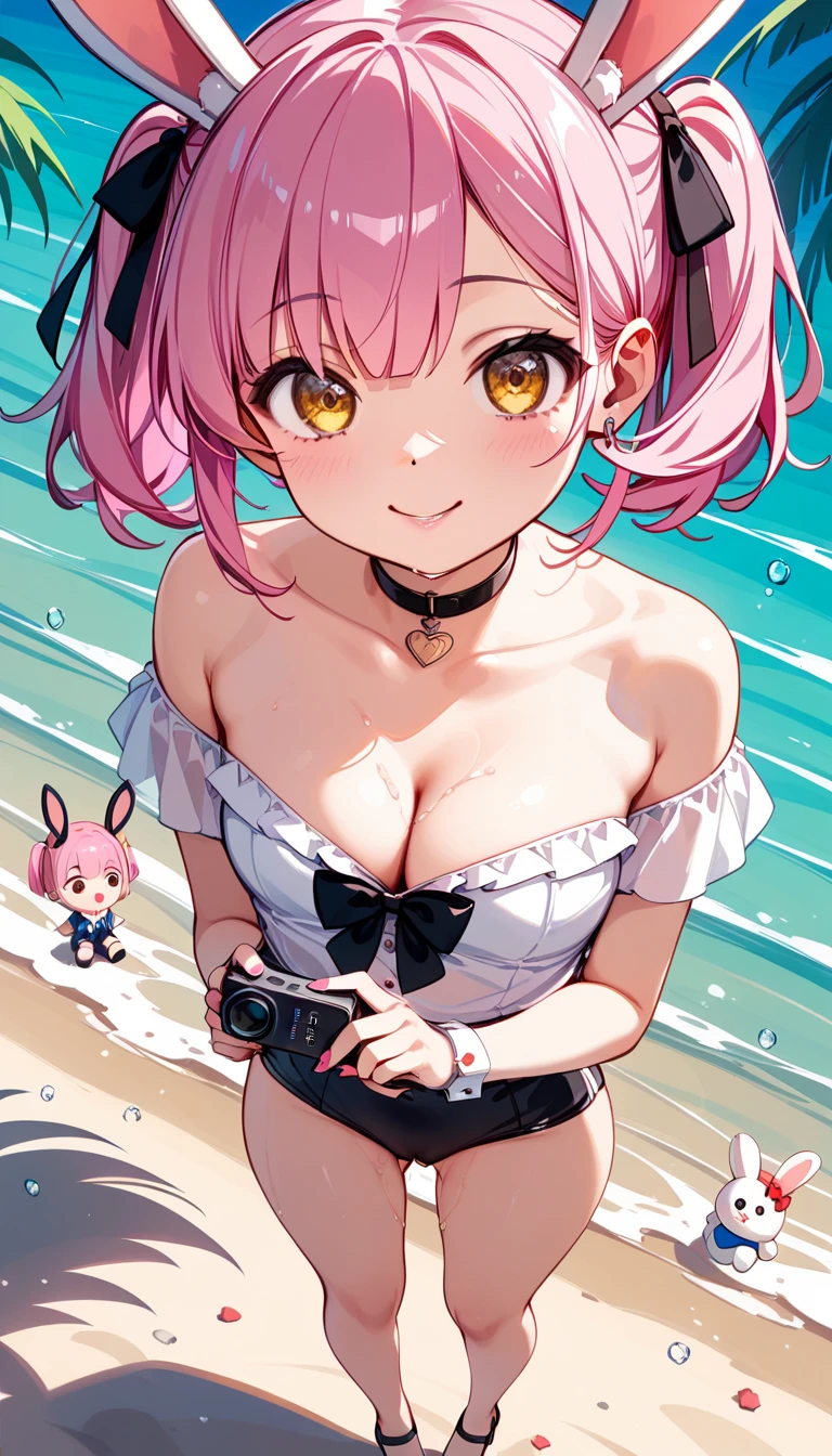 A busty brown-skinned girl Kawaii with few clothes and transparent cute sexy outfit With pink hair