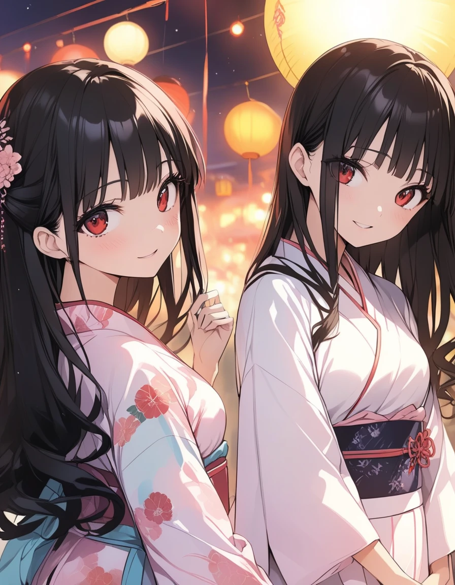 masterpiece,   Details, 8k, Best Quality, Novel illustrations, Young２ girls, 、 Exposure Dating 、yukata, 荘厳なyukata , slender, Black Hair, Long Hair,Hair long enough to reach your feet、  Short Bang ,   Details face,  Red eyes , Small breasts、 They Stare At Each Other 、I look up shyly 、Kiss、 A lovely blushing smile , Sweetheart Grab , 乱れたyukata、 sleeveless, off-shoulder 、 We look at each other's visible chest 、 Quiet Precinct Away From Town, Light in the distance 、The surroundings are dark、Dazzling fireworks 、Accurate hands、the girlfriend 、profile、 beside you、Next to me、belly button、Thighs、knees、No footwear 、