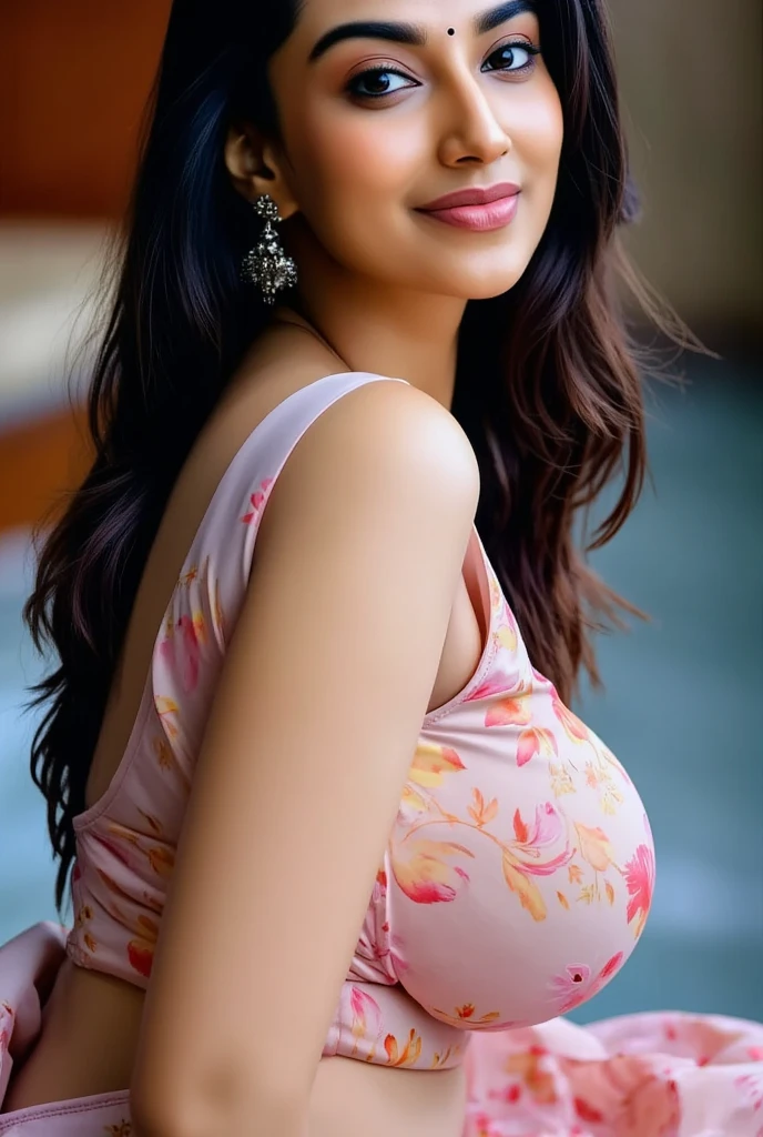 Side Portrait of A topless confident-looking indian woman with long flowing hair, hazel eyes, flowing see through saree, her hair covering her perfect c-cup breasts, sitting in pool, caves background, bokeh, perfect composition, hyperrealistic, super detailed, 8k, high quality, trending art, trending on artstation, sharp focus, studio photo, intricate details, highly detailed, art by greg rutkowski