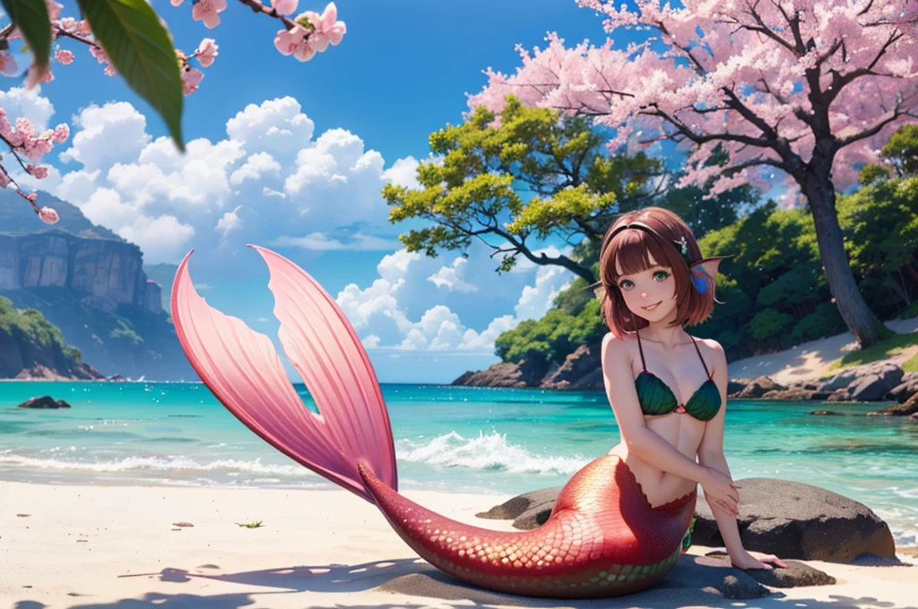 masterpiece, best quality:1.2), 1girl, smile, looking at viewer, green eyes, short brown multicolored hair, mermaid, mermaid girl, wearing purple seashell bra, laying on beach, colorful mermaid tail, outdoors, head fins, fin ears, under cherry blossoms