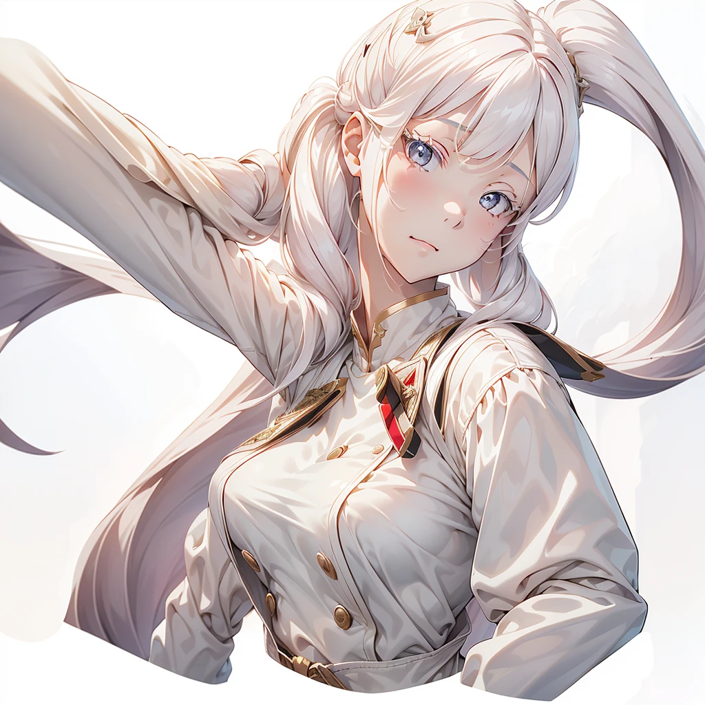 1girl,Handsome face、(((The best composition、Best Quality、 masterpiece、Super detailed、 high definition)))、Simple Background、Milky white hair color、 long straight hair 、 military uniform coat with extended sleeves、white long lashes 、