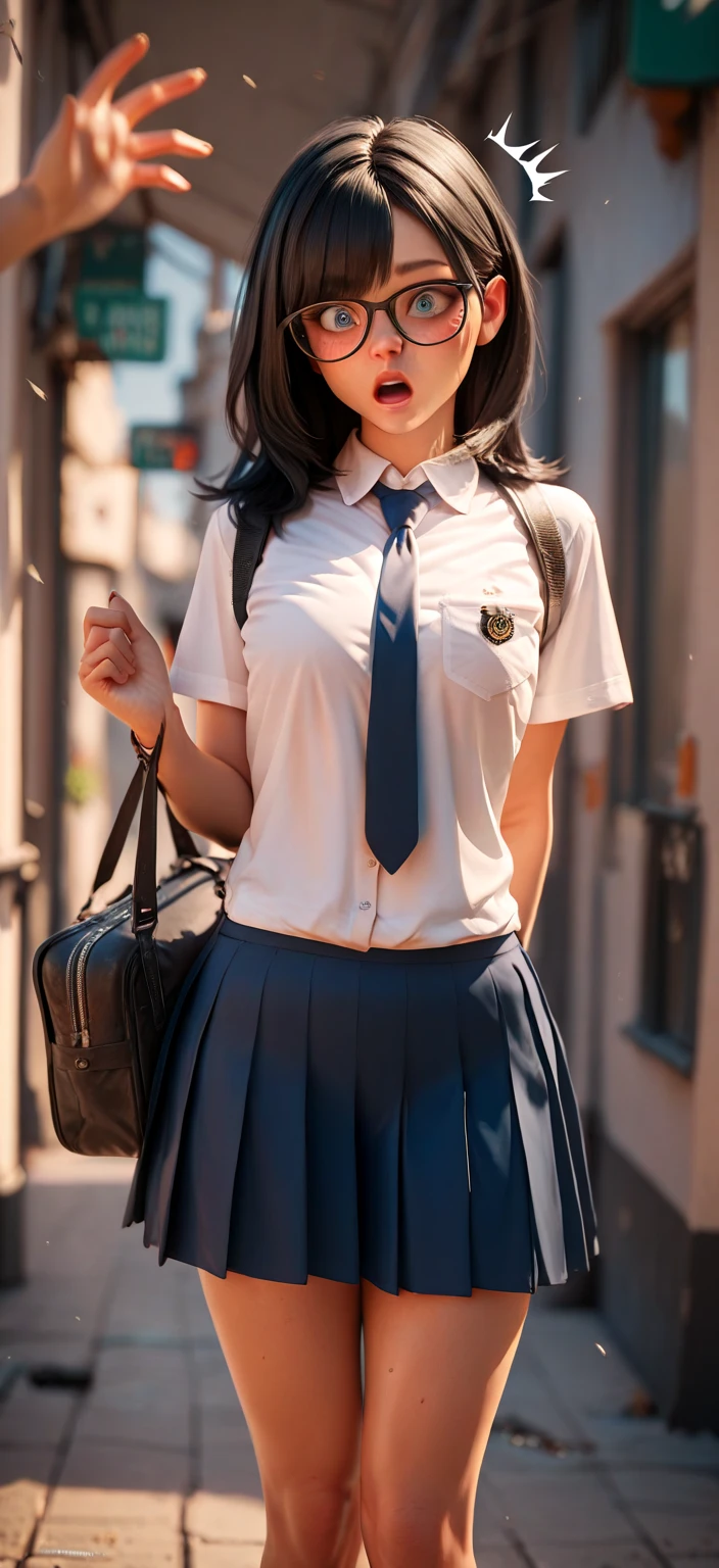 1 woman, cute woman ,High school girl, white uniform, navy blue skirt,The skirt is all navy blue,Black Hair, wearing black glasses,blush,Surprised,Eye color is blue