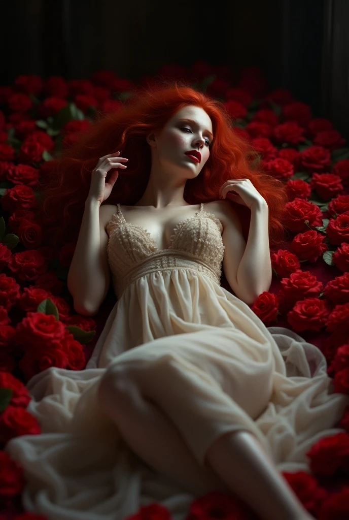 Une femme rousse sexy est allongée gracieusement sur un lit de pétales de rose, évoquant la scène iconique d’American Beauty. Ses longs cheveux roux, éclatants et légèrement ondulés, s’étalent en une auréole de feu autour de sa tête, créant un contraste saisissant avec les pétales rouges qui recouvrent son corps nu. La lumière douce qui baigne la scène met en valeur la richesse de ses mèches cuivrées et la luminosité de sa peau. Elle est étendue sur le dos, dans une posture sensuelle et élégante, ses bras délicatement posés au-dessus de sa tête ou le long de son corps. Les pétales de rose, dispersés avec soin, recouvrent stratégiquement son corps et sa poitrine, dissimulant juste ce qu'il faut tout en laissant deviner ses courbes féminines. Les fleurs rouges créent un contraste passionné avec la clarté de sa peau, accentuant l’érotisme de la scène. Son expression est sereine, presque rêveuse, ses yeux mi-clos ou fixant le plafond avec un air de contentement. Ses lèvres pleines, légèrement souriantes, ajoutent une touche de mystère et de sensualité. L’éclairage tamisé crée des ombres douces sur son visage et son corps, tandis que les pétales scintillent délicatement sous la lumière, accentuant l’atmosphère romantique et envoûtante.