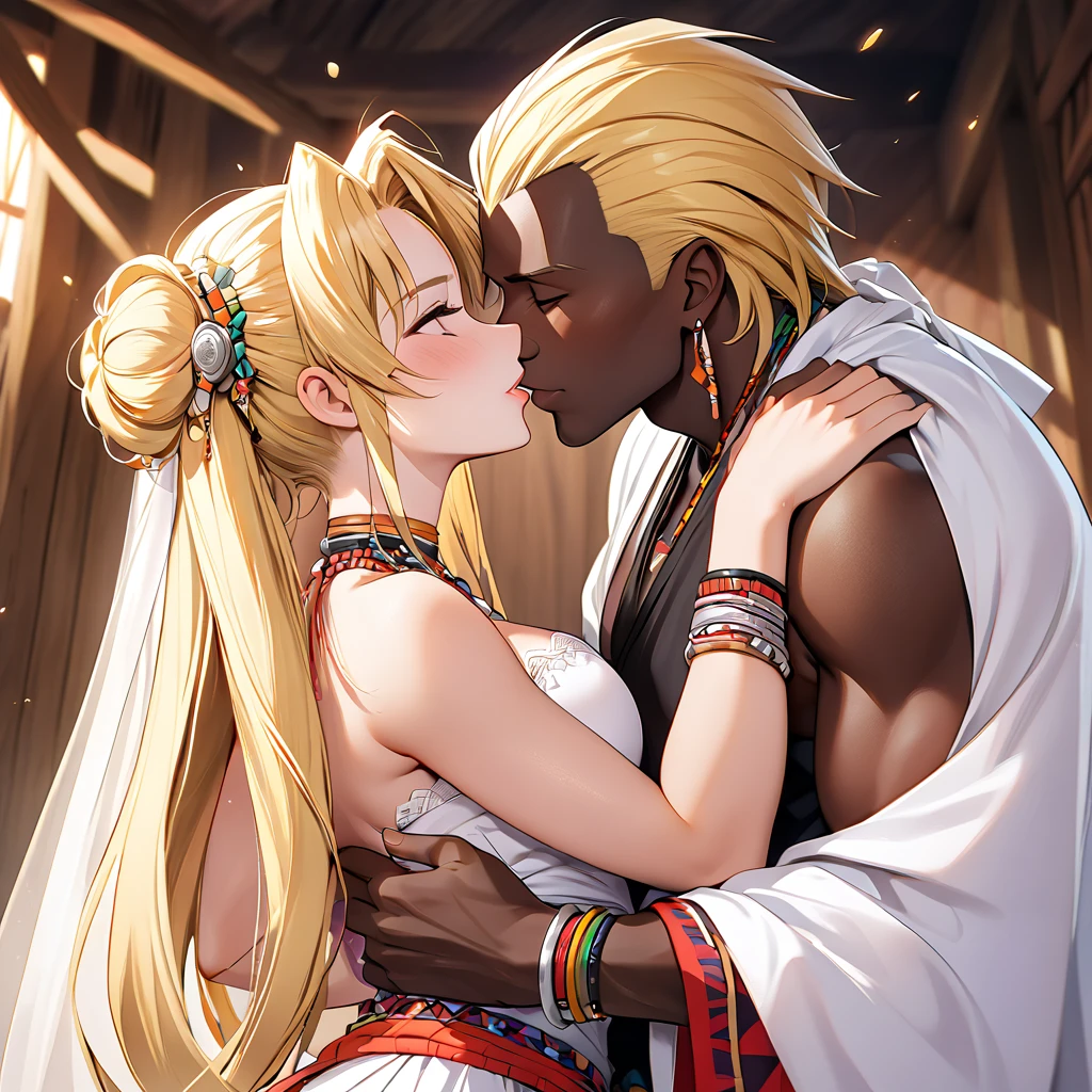 ((Highest quality)), ((masterpiece)), (detailed), (Perfect Face)、Asuna Yuuki, a female with light brown, semi-long hair, is forced to wear tribal clothing, tribal accessories, and tribal makeup by black-skinned native African men in an African tribal village, and is forced to become a tribal woman.、The woman is forced to wear a gorgeous tribal wedding dress, is adorned with tribal accessories, becomes the wife of a tribal man, is hugged and kissed in oath, is forced to have a wedding ceremony, and is decorated as a beautiful bride in both name and reality, becoming a tribal woman.、The woman gives up and accepts becoming the wife of a tribal man and accepts in body and mind that she will live as a tribal woman.