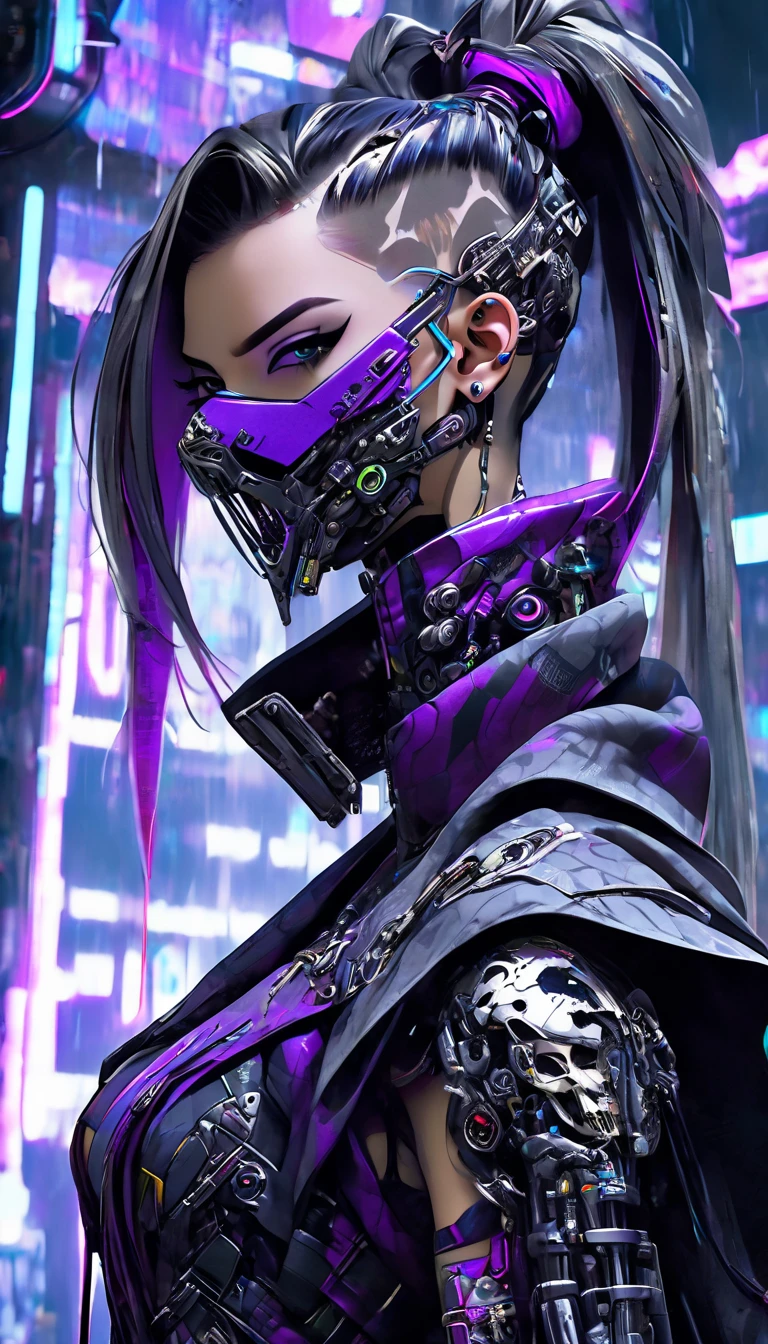 A cyberpunk-inspired character with a fierce expression and a heavily augmented face, showcasing complex cybernetic components. She wears a metal skeletal jaw mask covering the lower half of her face. Her hair is styled in a partially shaved pattern on one side, with the rest tied back in a high ponytail, adding to the edgy, futuristic vibe. Her outfit includes a purple cloak or draped garment over one shoulder, contrasting with the dark, armored clothing underneath. Her right hand is heavily modified, with visible circuitry, metallic fingers, and mechanical parts. The scene has a cold, muted color mood with a harsh, snowy atmosphere and high-contrast lighting, highlighting the metallic textures and details of her cybernetic enhancements