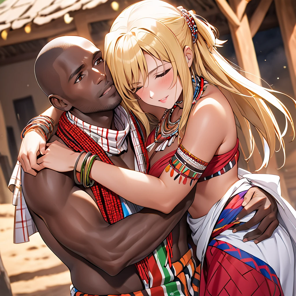 The woman who became a gorgeous and beautiful bride of the African Maasai tribe and accepted to become a member of the Maasai tribe became a bona Maasai woman with a beautiful blond Maasai hairstyle, hugged a strong black Maasai man with her beloved husband, had a wedding, loved each other, and became a bona fide Maasai woman、((Best Quality)), ((masterpiece)), ( Details), （ perfect face）,The woman is a blonde Fate Testarossa with excellent proportions 