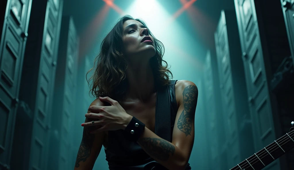 In a dimly lit, industrial-style lair, a ruthless femme fatale sits atop a pile of gold coins, her calculating gaze fixed on a subject bound and gagged at her feet. Her cold, calculating eyes seem to weigh the value of their pitiful lives as she strokes a chin adorned with a diamond-encrusted necklace.