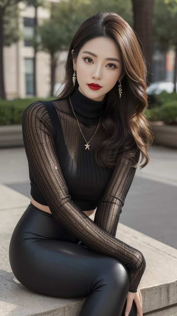 Chinese  Mature Women  , full-body photo ， Park Background, thigh, cosmetic, (Lipstick: 1.1), (Eyeliner: 1.2), Mascara, Eyeshadow, Outdoor Activities, earrings, necklace,(( brown and black reflective leggings)Socks) ,  Wrinkles around the corners of the eyes, Mouth lines, Turtleneck,  full-body photo 片, 35 years old,  big eyes, Elegant temperament, (masterpiece: 1.2,  best quality), actual, (Reality, 45 years old, Intricate details , Depth of Field, Turtleneck clothes), careful,  Very detailed content, this is a perfect face ,  perfect figure  , Large Model,  Mature Women  , 8K,  best quality, masterpiece,  Ultra High Resolution  , (actual的: 1.4),  original photo, Stay focused,  Rich Details , dramatic, delicate beauty, Long curly hair,  dynamic angle , (Red lips),  Beautiful graphics  , High heel